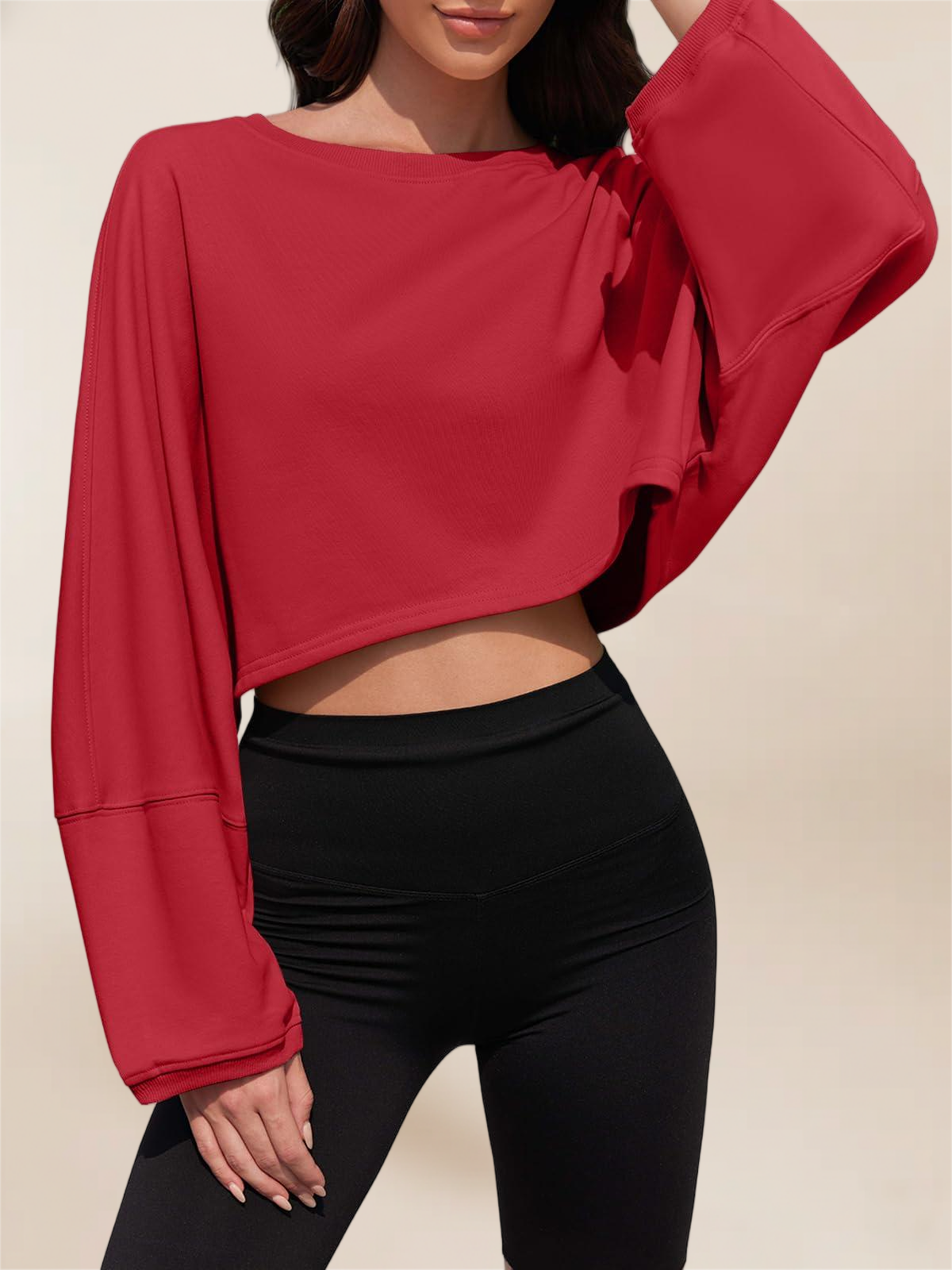 Imily Bela Womens Long Ballon Sleeve Sweatshirts Tops Cropped Crew Neck Loose Fit Casual Workout Shirts