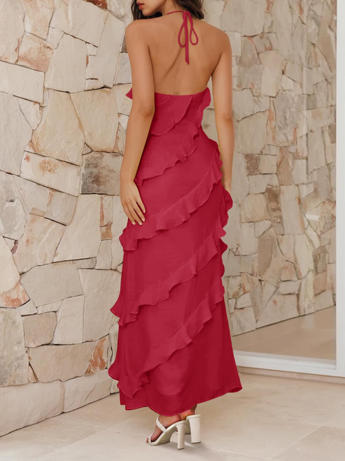 Imiy Bela Womens Sexy Chiffon Halter Maxi Dress Sleeveless Backless Ruffle Tassel Party Club Dresses