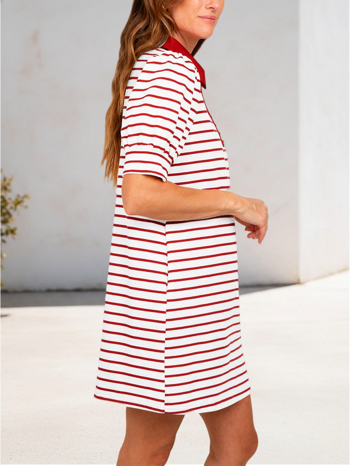 Imily Bela Women's Summer Lapel Collared V Neck Striped Dress Casual Puff Short Sleeve Polo Tshirt Dresses with Pockets