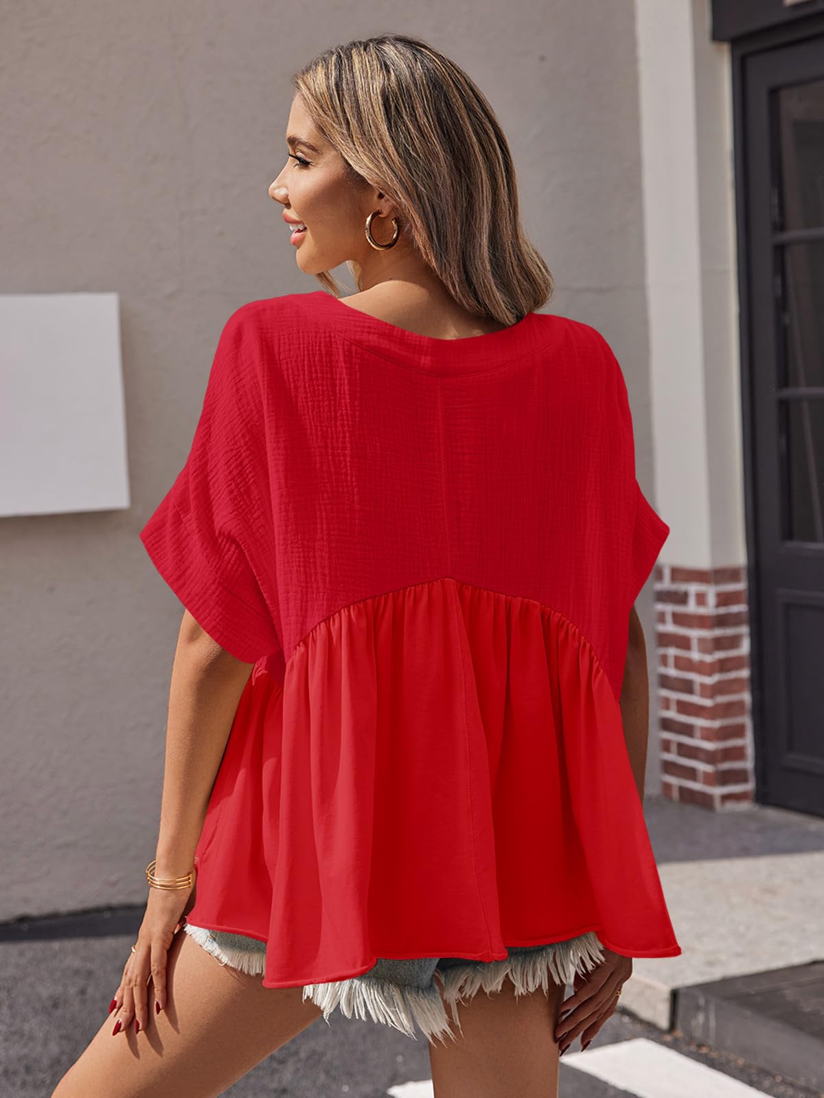 Imily Bela Womens Summer Babydoll Tops V Neck Short Sleeve Pleated Flowy Shirts Casual Loose Fit Peplum Blouse