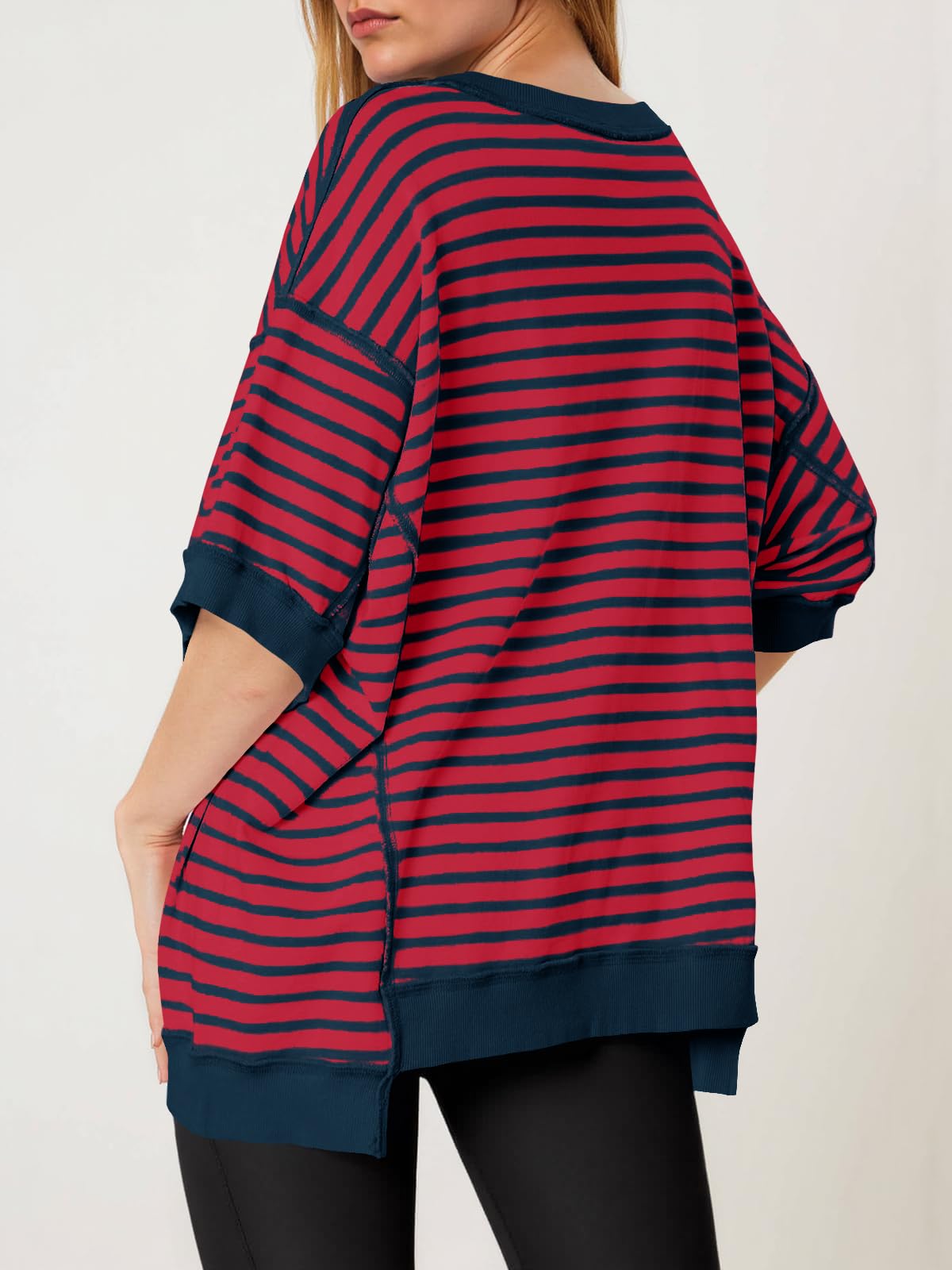 Imily Bela Womens Oversized T Shirts Striped Color Block Cotton Tops Summer Casual Half Sleeve Loose Fit Crewneck Sweatshirts