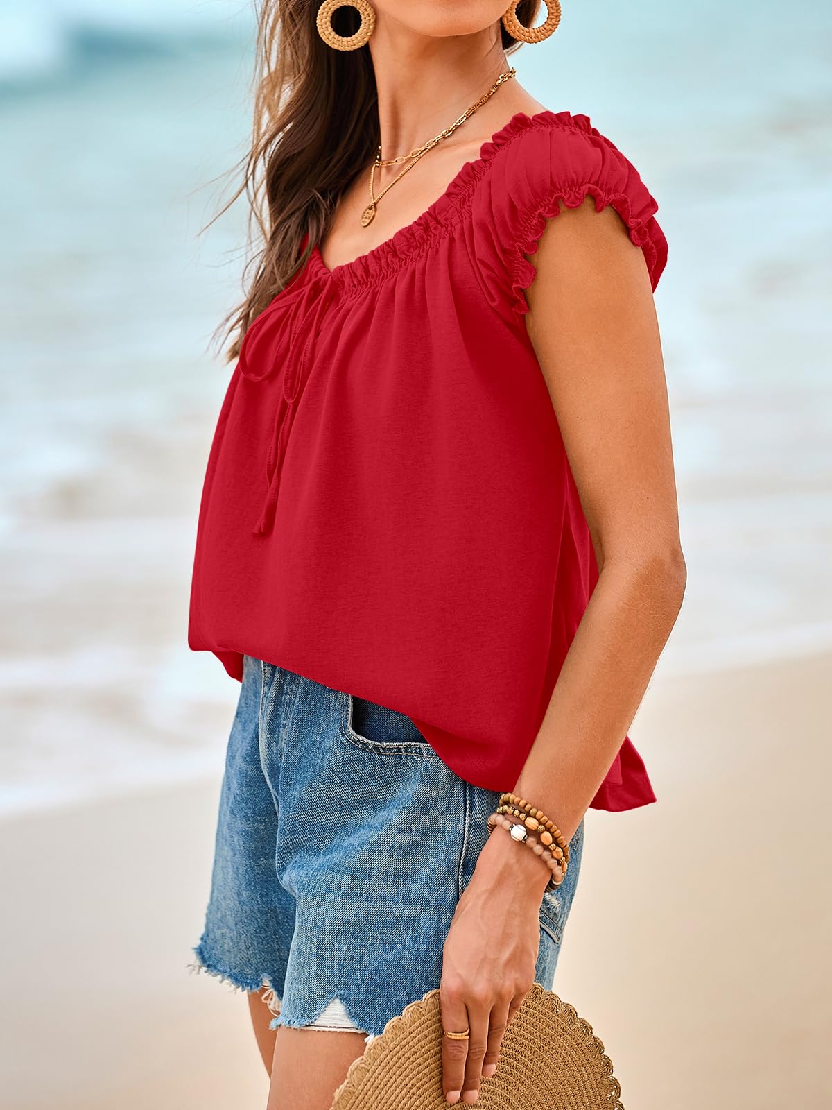 Imily Bela Women Summer Tie Front Tank Tops Cap Sleeve Pleated Babydoll Tops Casual Loose Fit Going Out Flowy Shirt