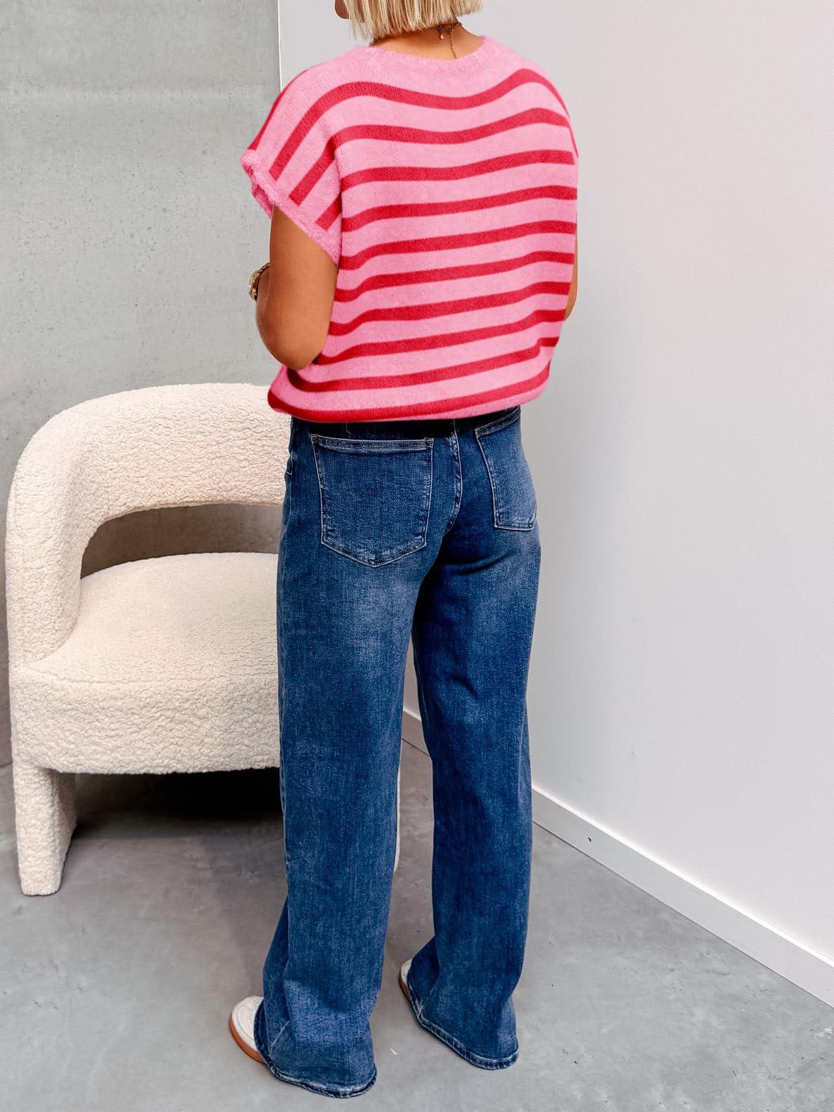 Imily Bela Womens Striped Cap Sleeve Sweater Vest Crew Neck Button Down Cardigan Cute Knit Tops