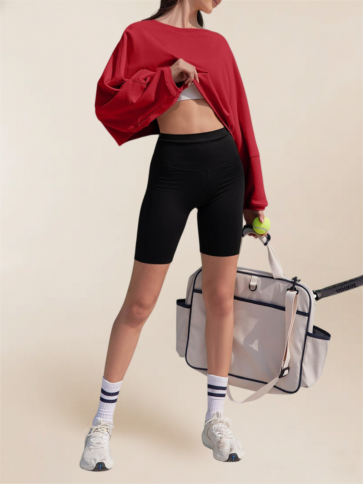 Imily Bela Womens Long Ballon Sleeve Sweatshirts Tops Cropped Crew Neck Loose Fit Casual Workout Shirts