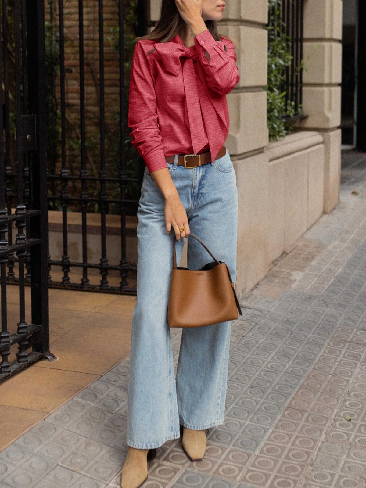 Imily Bela Womens Plaid Shirts Bow Tied Neck Button Down Long Sleeve Casual Dressy Blouse Tops