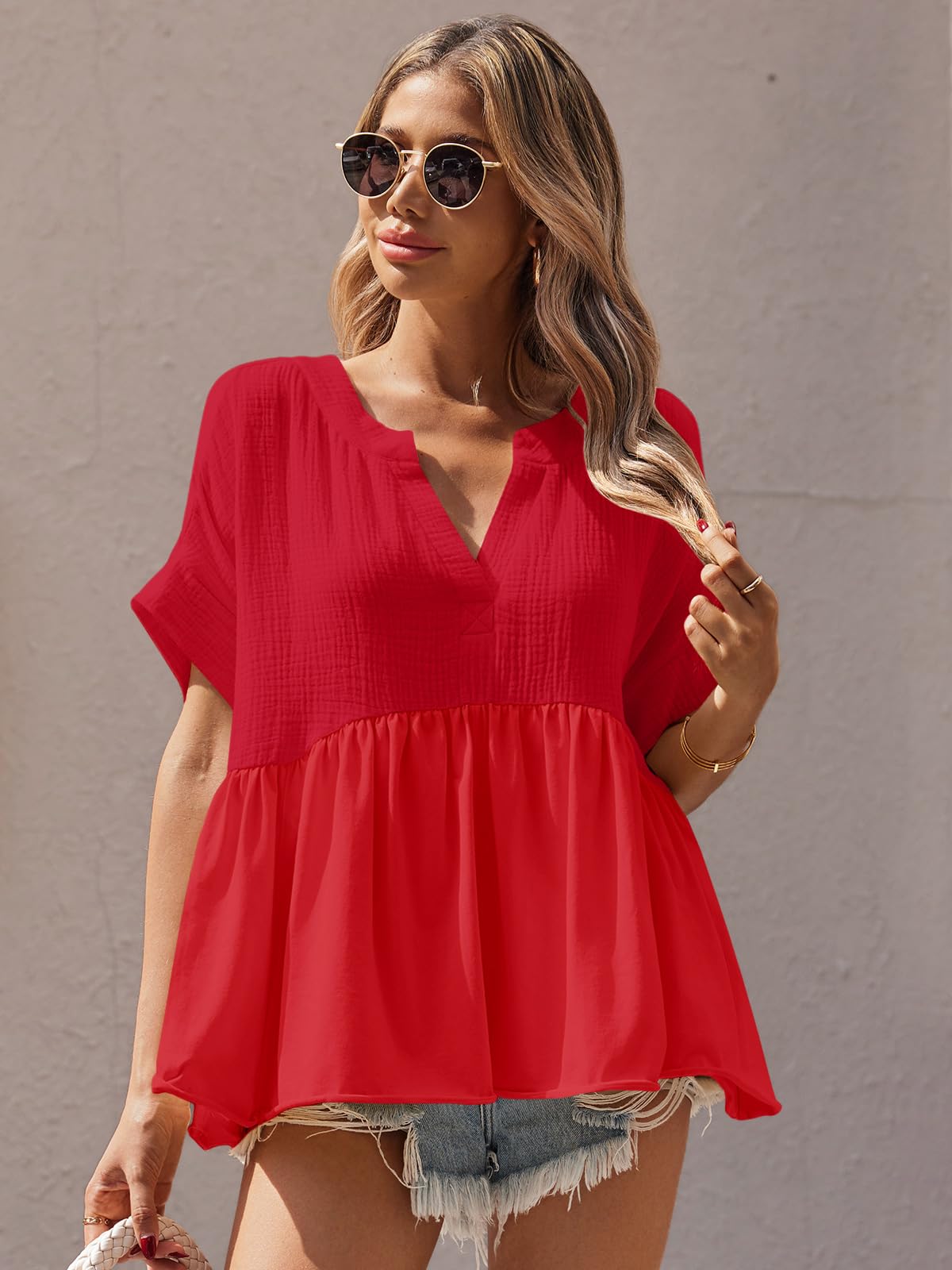 Imily Bela Womens Summer Babydoll Tops V Neck Short Sleeve Pleated Flowy Shirts Casual Loose Fit Peplum Blouse