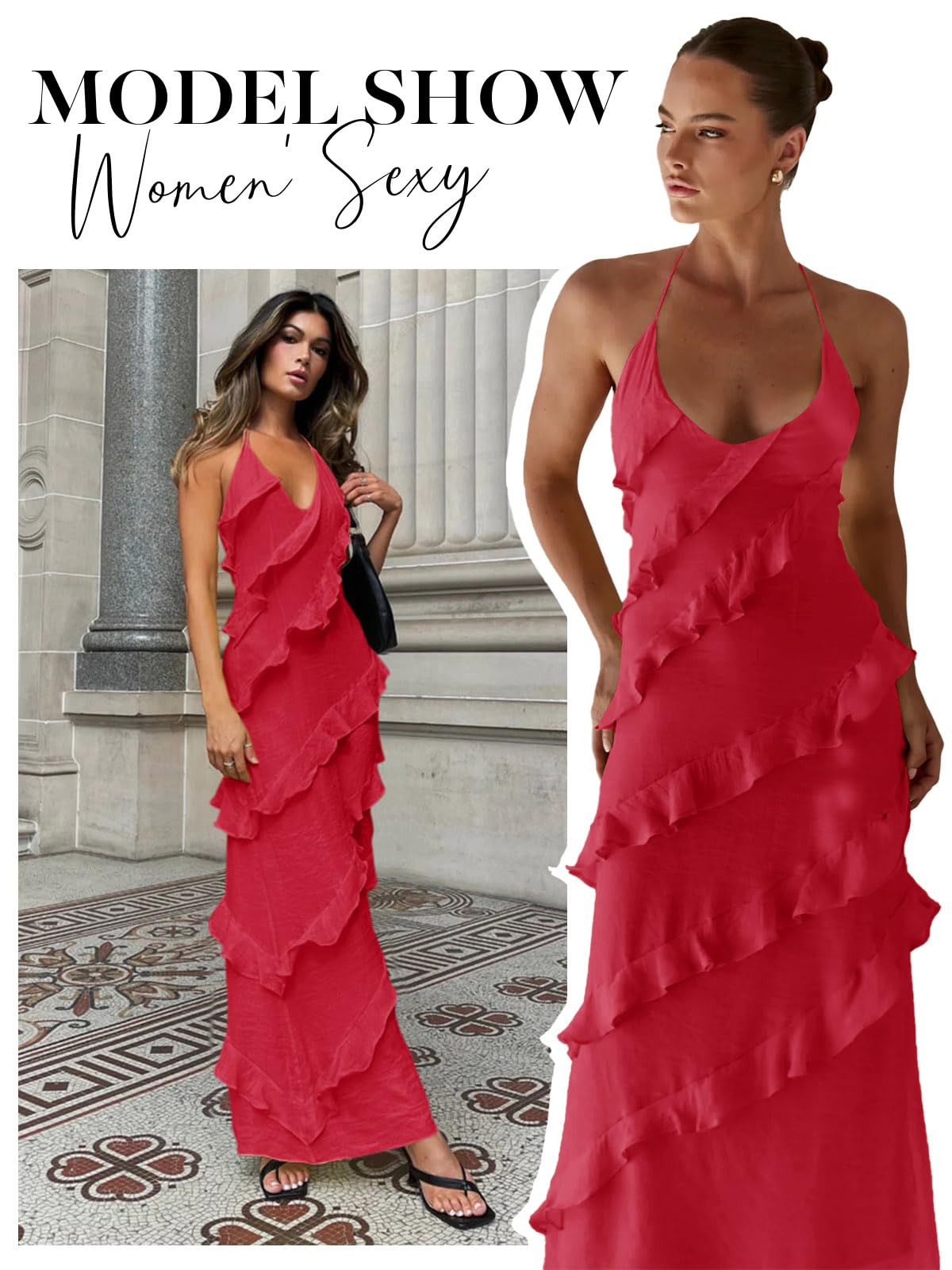 Imiy Bela Womens Sexy Chiffon Halter Maxi Dress Sleeveless Backless Ruffle Tassel Party Club Dresses