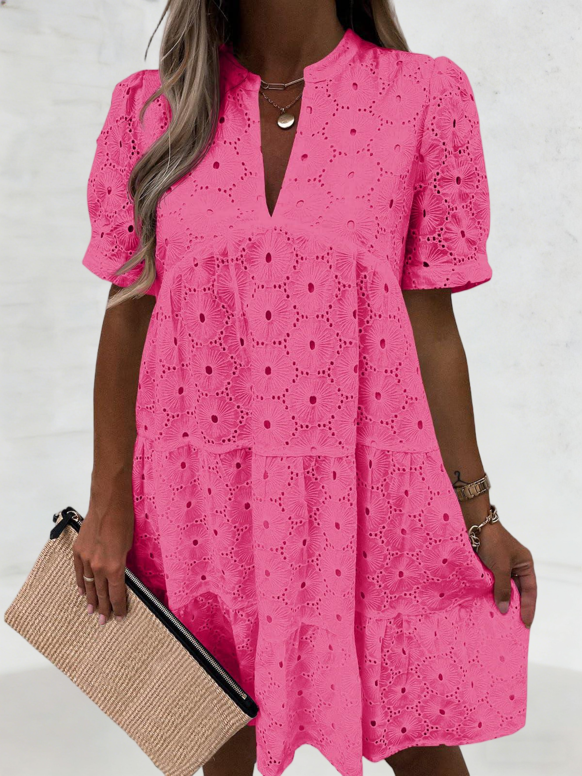 Imily Bela Womens Summer Lace Dresses Eyelet Casual Flowy Babydoll Swing Short Sleeve V Neck Tunic Dress