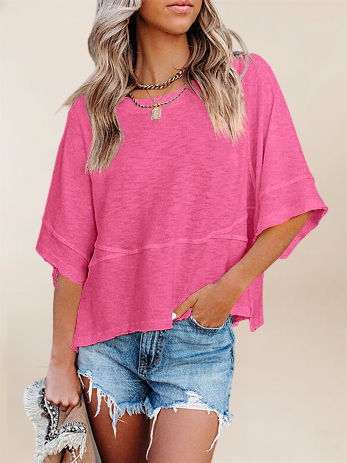 Imily Bela Womens Oversized T Shirts Summer Casual Crewneck 3/4 Sleeve Loose Fit Cute Flowy Tops