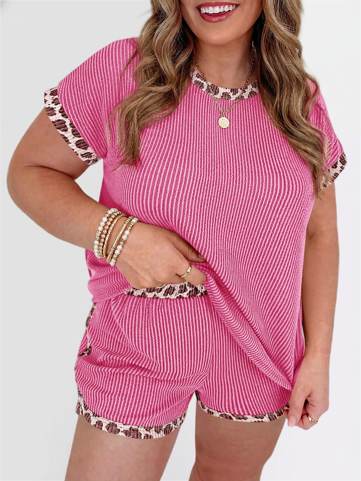 Imily Bela Womens Plus Size 2 Piece Short Sets Leopard Print Ribbed Knit Short Sleeve Top 2026 Summer Casual Lounge Set