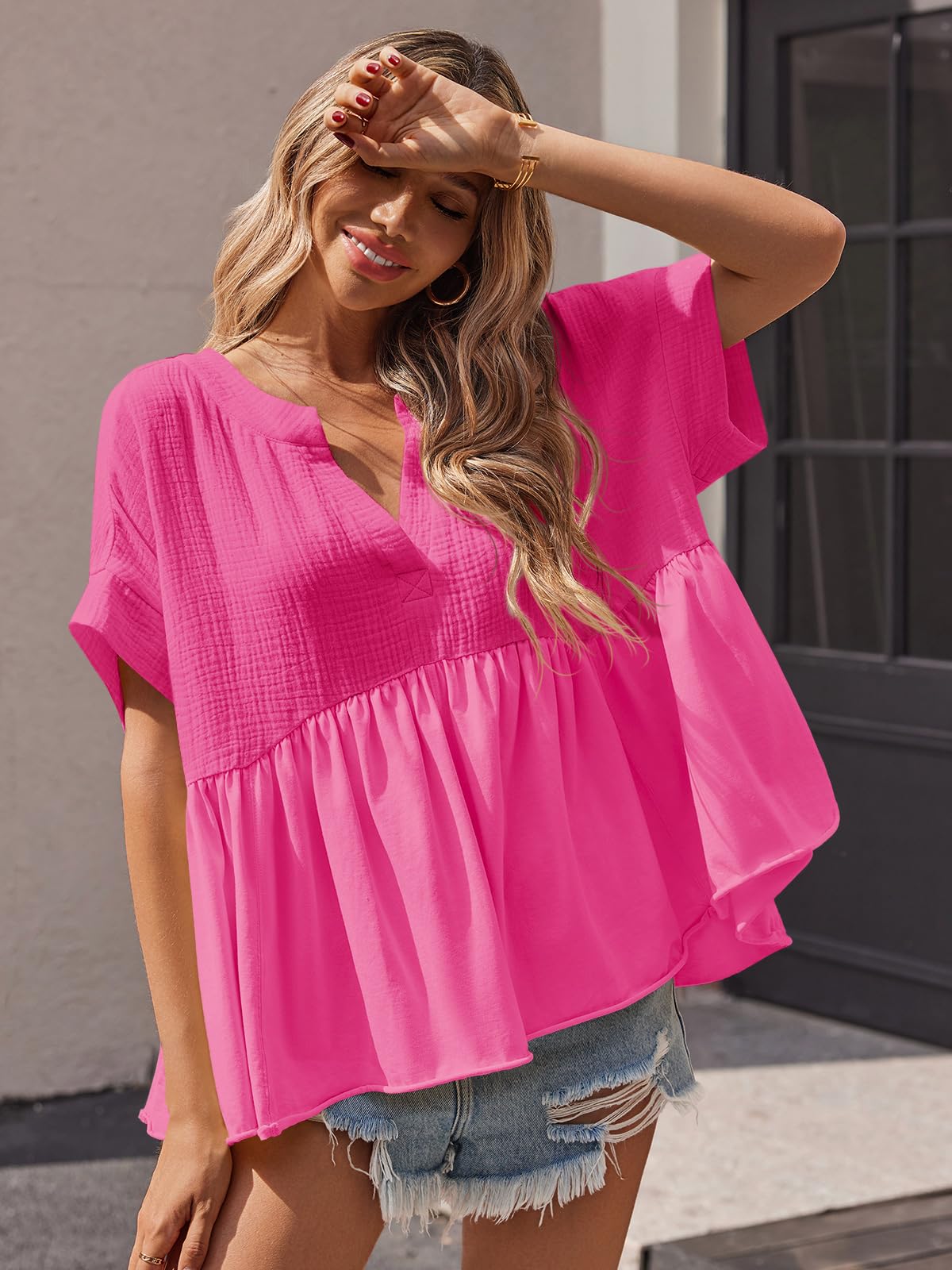 Imily Bela Womens Summer Babydoll Tops V Neck Short Sleeve Pleated Flowy Shirts Casual Loose Fit Peplum Blouse