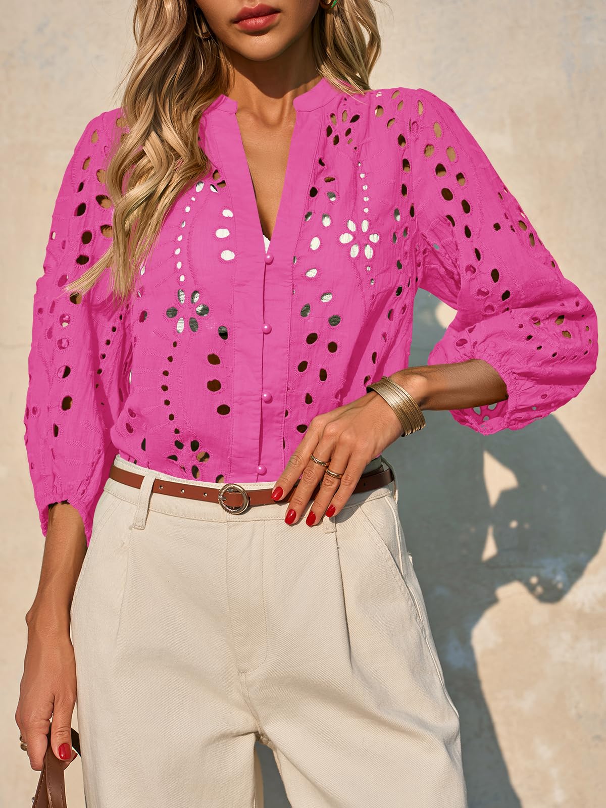 Imily Bela Womens Deep V Neck Eyelet Blouses 3/4 Balloon Sleeve Button Down Hollow Out Fall Shirts