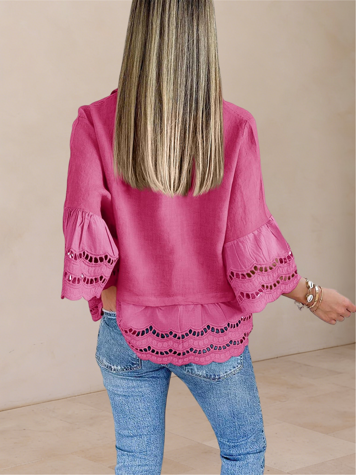 Imily Bela Womens 3/4 Bell Sleeve Button Down Shirts Casual Ruffle Hem Tops Eyelet Blouse