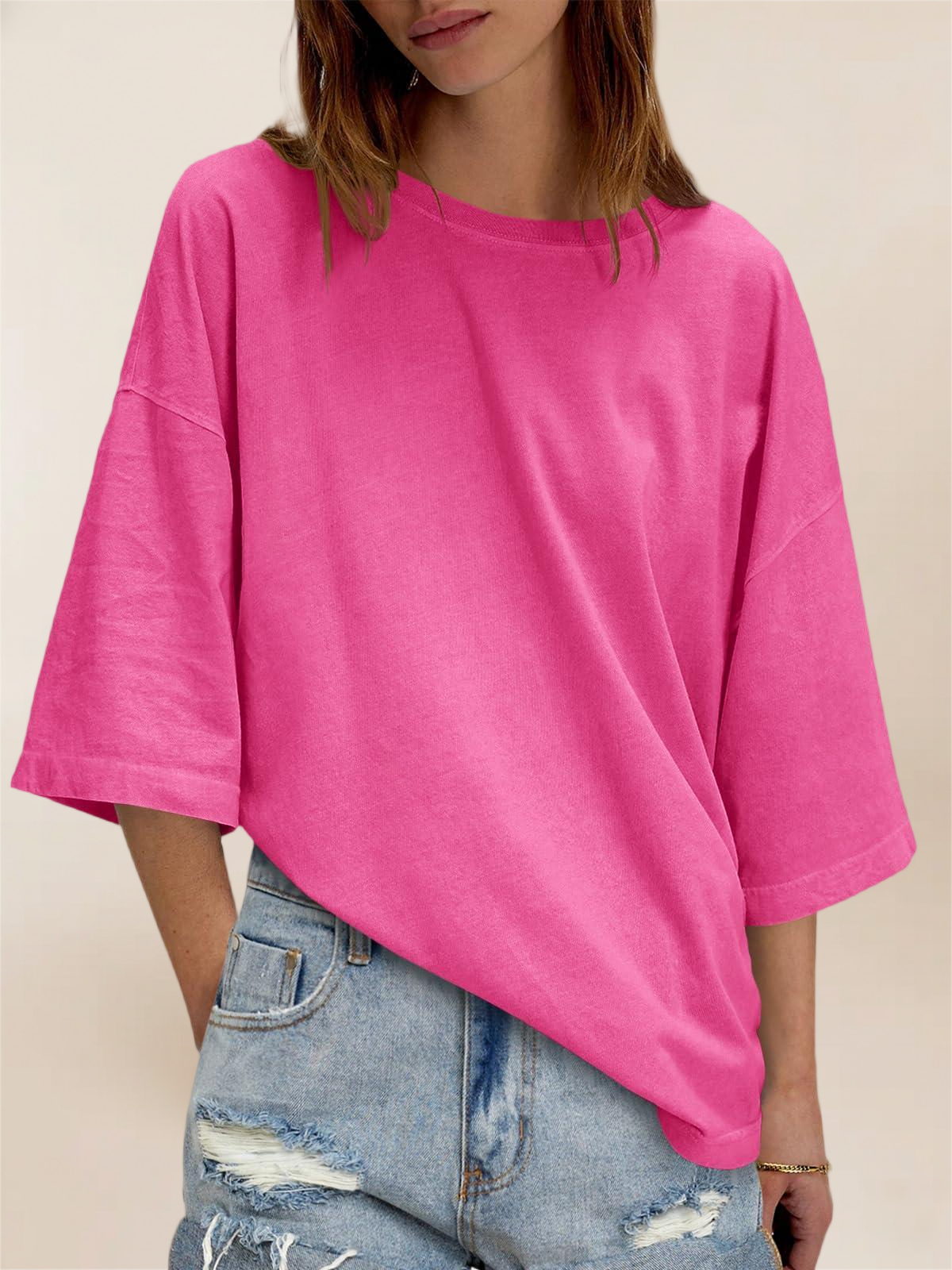 Imily Bela Womens Oversized Half Sleeve T-Shirts Summer Casual Crew Neck Tunic Tops Loose Fit Boxy Basic Tees