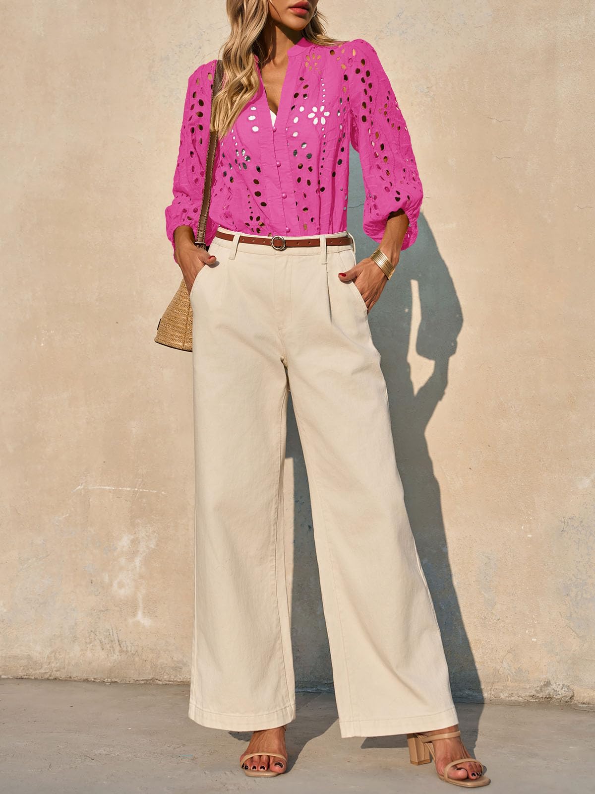 Imily Bela Womens Deep V Neck Eyelet Blouses 3/4 Balloon Sleeve Button Down Hollow Out Fall Shirts