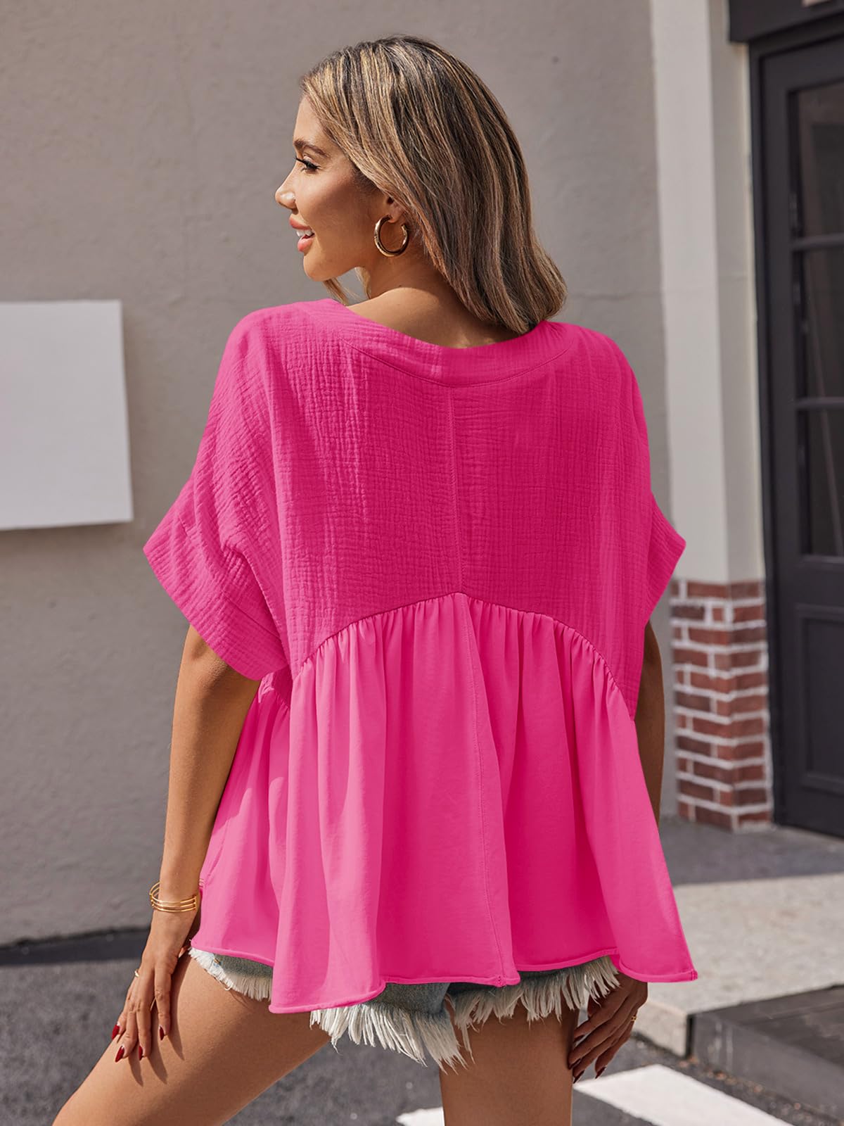 Imily Bela Womens Summer Babydoll Tops V Neck Short Sleeve Pleated Flowy Shirts Casual Loose Fit Peplum Blouse