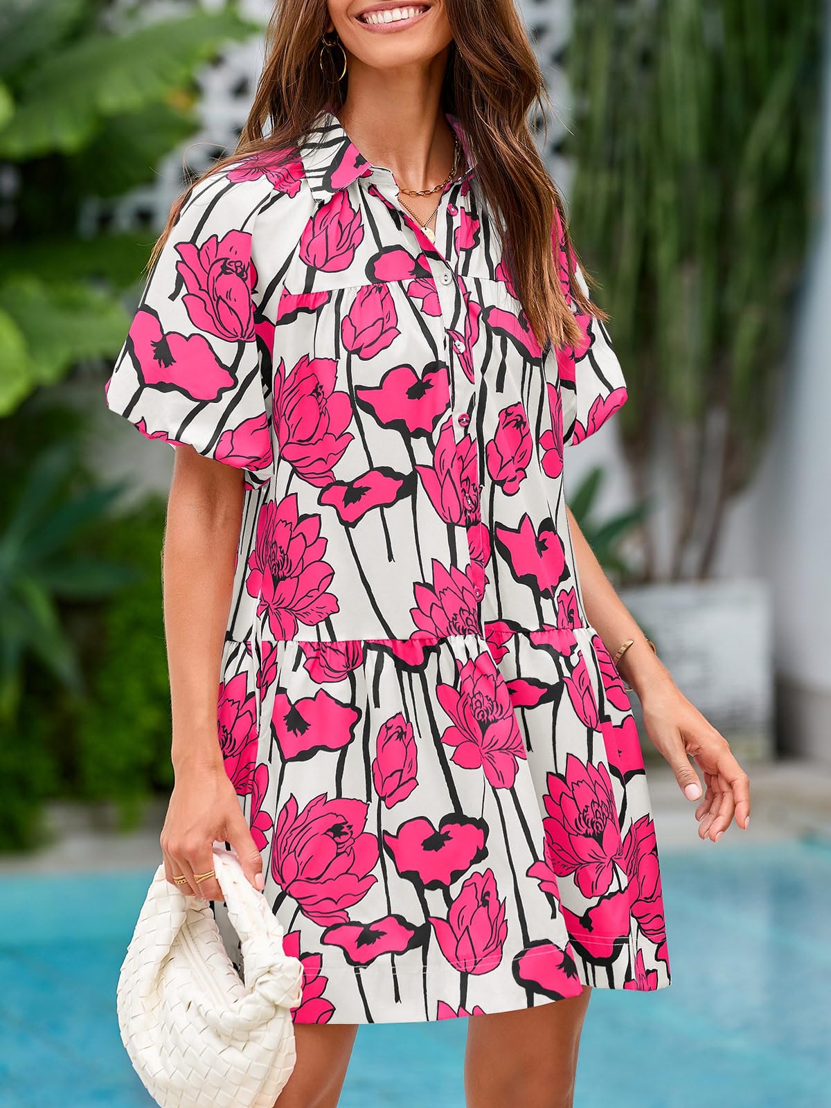 Imily Bela Women's Summer Button Down Shirt Dress Floral Puff Short Sleeve Casual Loose Fit Beach Mini Dresses