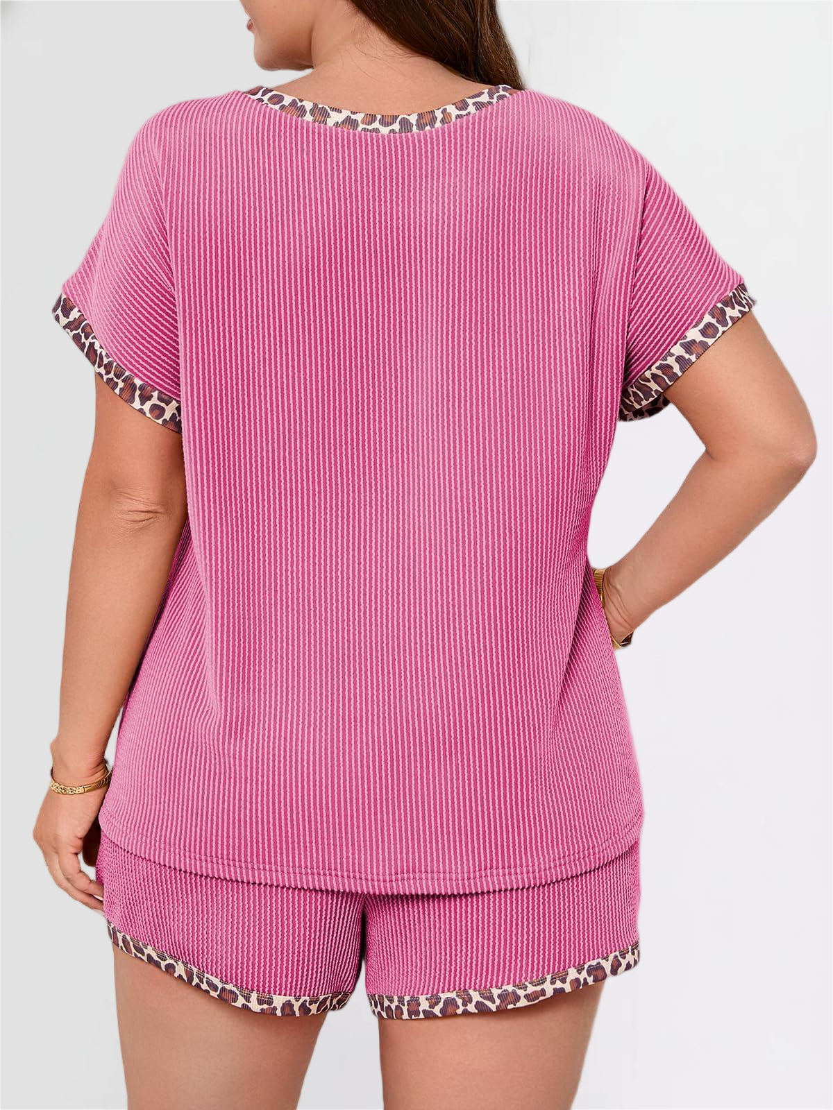Imily Bela Womens Plus Size 2 Piece Short Sets Leopard Print Ribbed Knit Short Sleeve Top 2026 Summer Casual Lounge Set