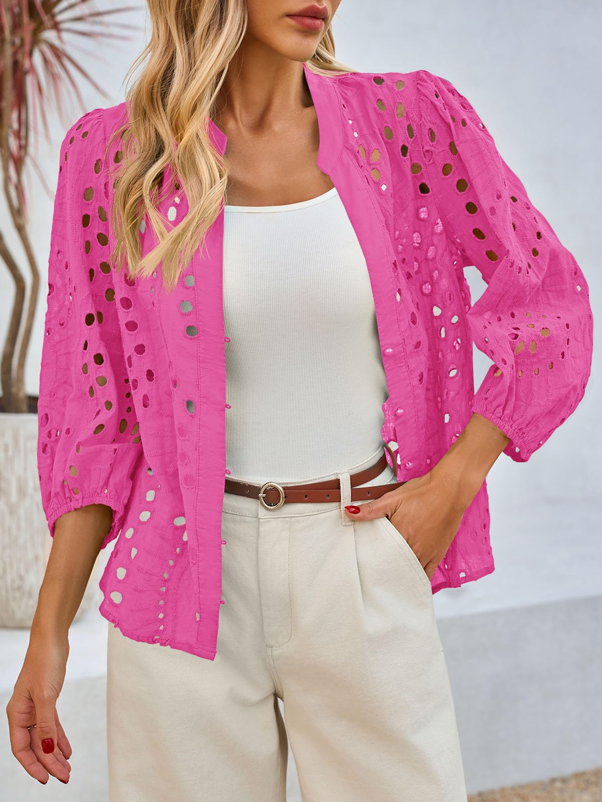 Imily Bela Womens Deep V Neck Eyelet Blouses 3/4 Balloon Sleeve Button Down Hollow Out Fall Shirts