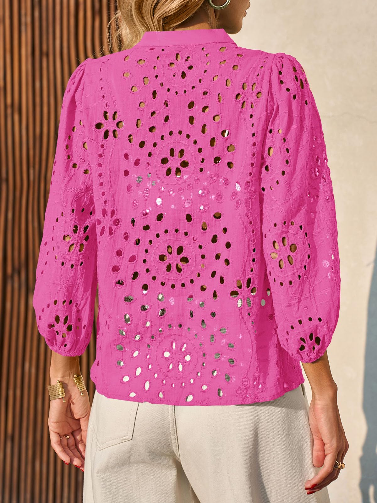 Imily Bela Womens Deep V Neck Eyelet Blouses 3/4 Balloon Sleeve Button Down Hollow Out Fall Shirts