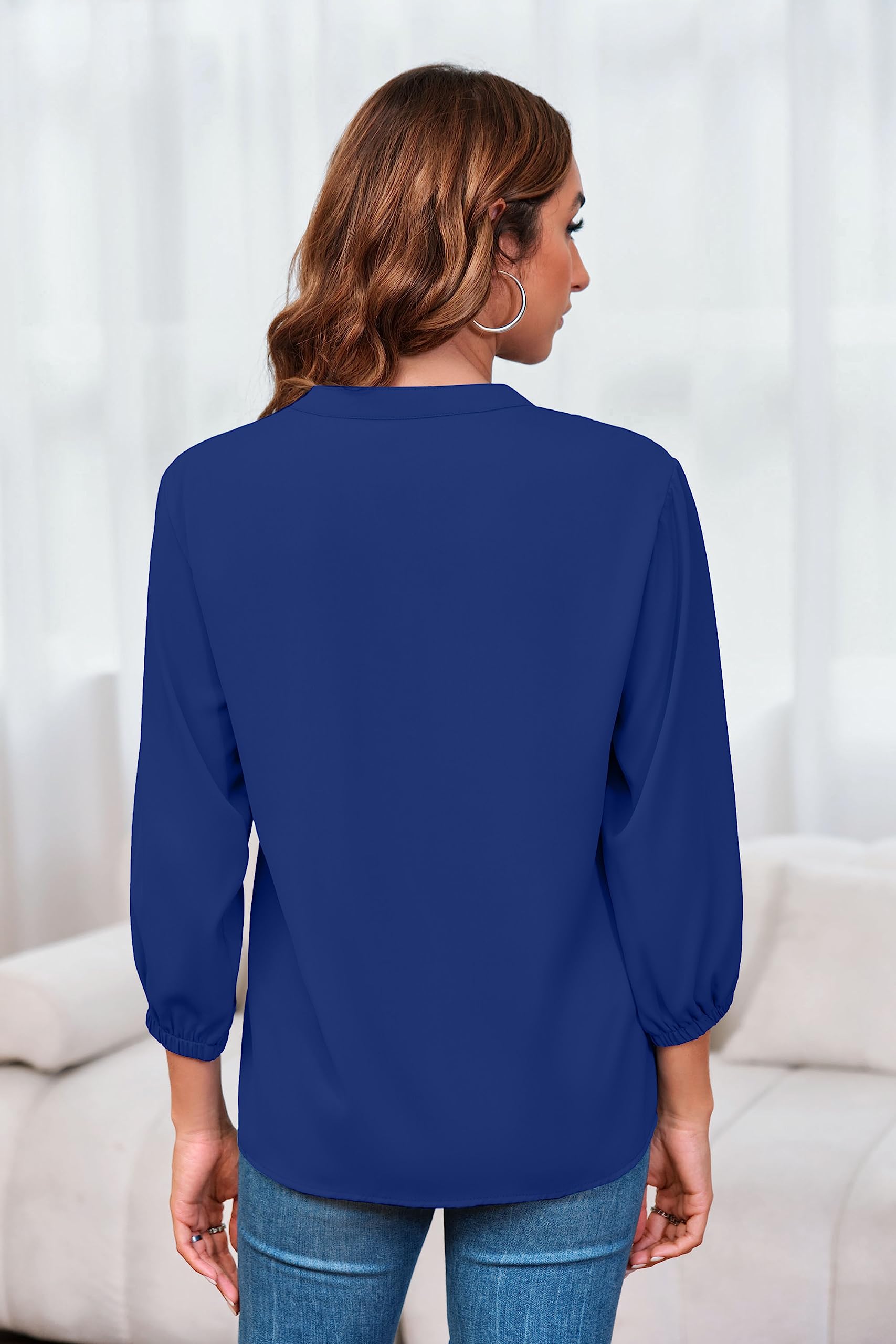 Imily Bela Womens V-Neck Lantern Sleeve Blouse Zipper Design Loose Casual Top Shirts