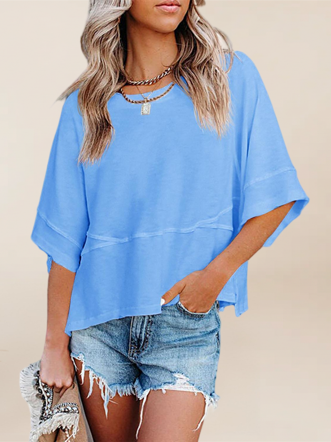 Imily Bela Womens Oversized T Shirts Summer Casual Crewneck 3/4 Sleeve Loose Fit Cute Flowy Tops