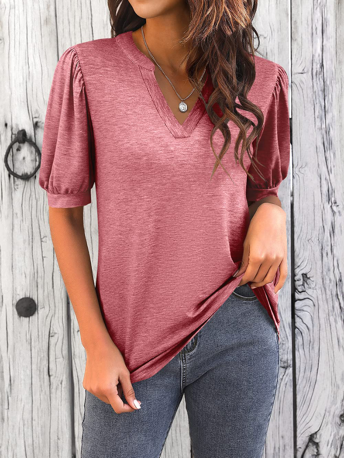 Imily Bela Womens V Neck T Shirts Casual Puff Sleeve Loose Dressy Blouses Summer Tops