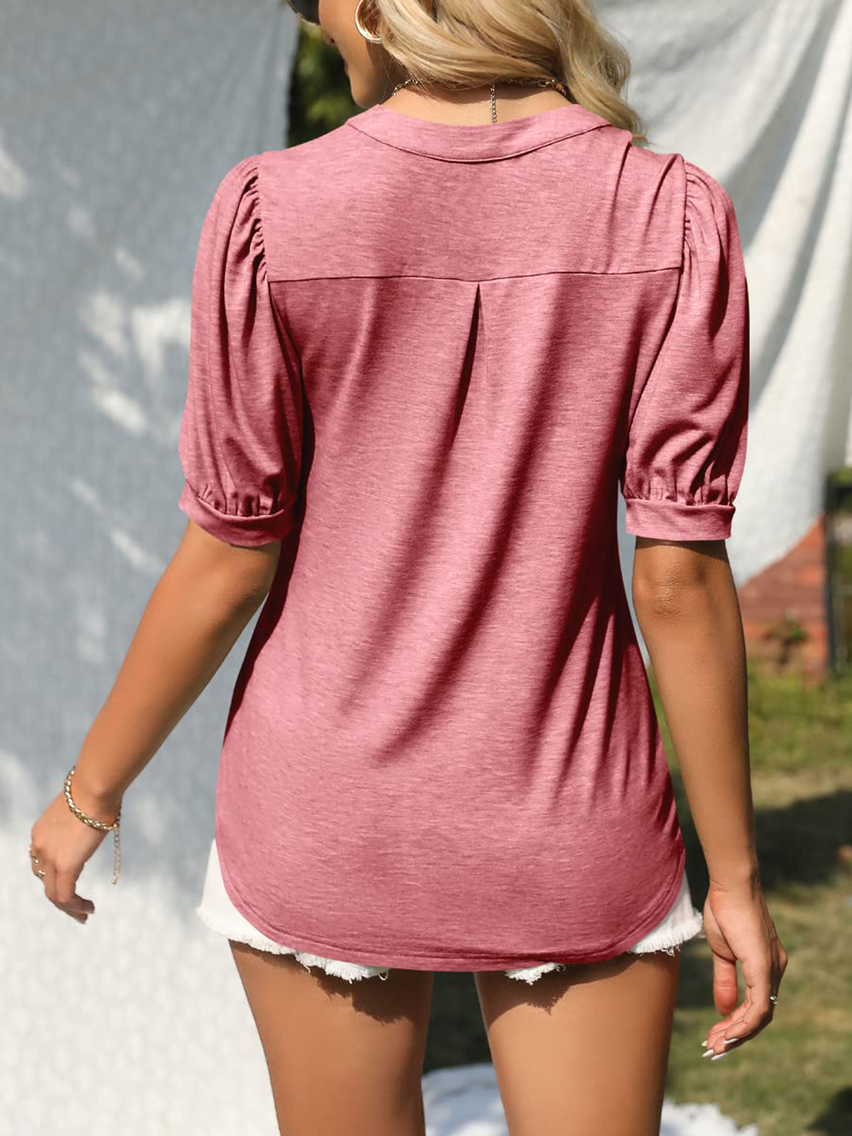 Imily Bela Womens V Neck T Shirts Casual Puff Sleeve Loose Dressy Blouses Summer Tops