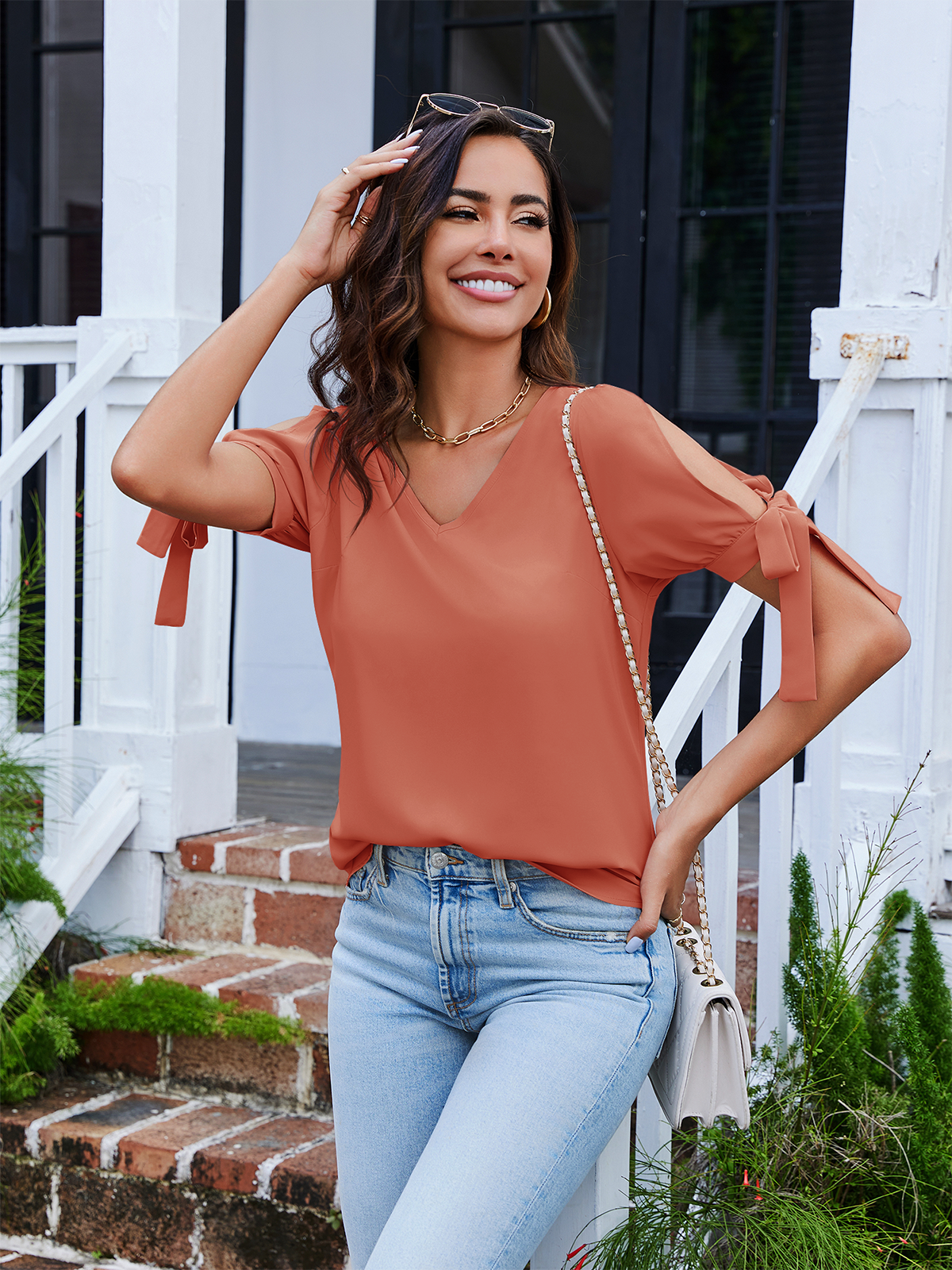 Imily Bela Women's Cold Shoulder Tops Short Sleeve V-Neck Casual Loose Cutout Summer Fashion Tshirts Blouse Shirts