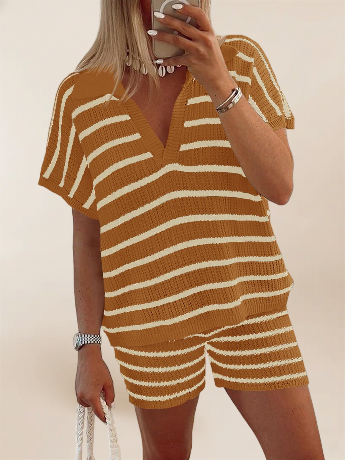 Imily Bela Womens 2 Piece Outfits Striped Knit Summer Sets V Neck Short Sleeve Tops And Shorts Lounge Matching Set