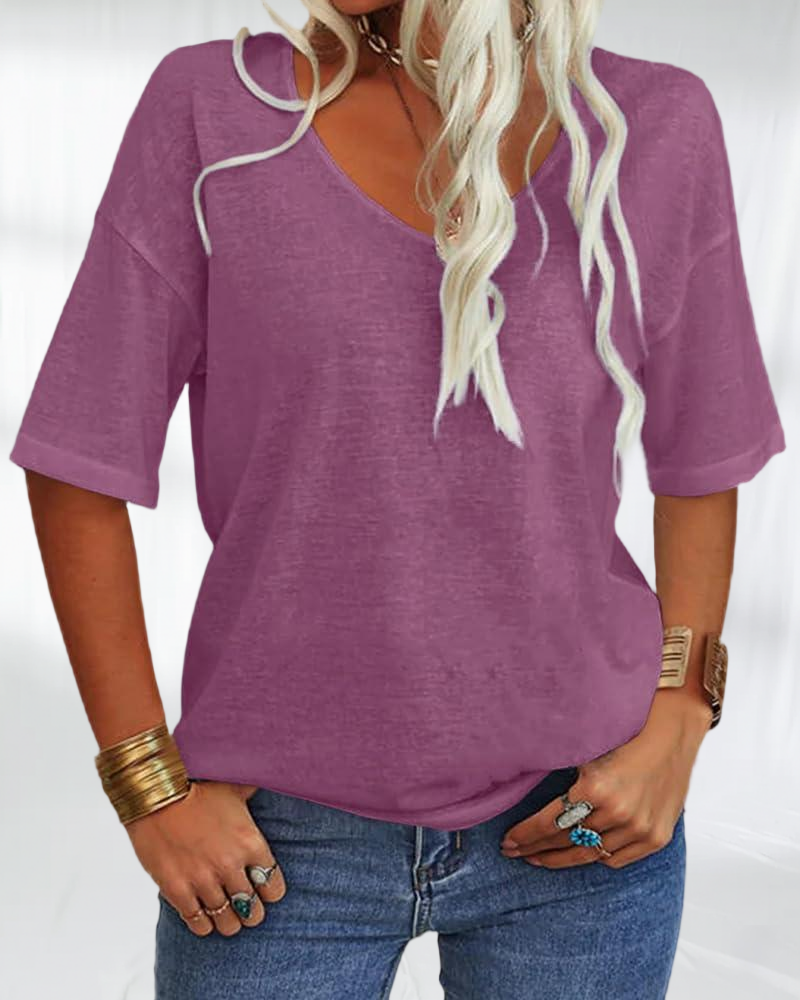 Imily Bela Women Fashion V-Neck Half Sleeves Oversized T Shirt Solid Casual Loose Basic Tops