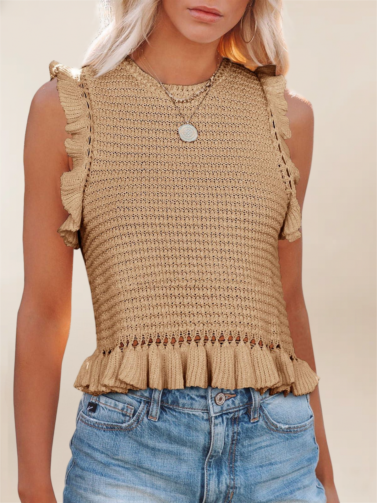 Imily Bela Women'S Summer Knit Tank Tops Crew Neck Sleeveless Cami Shirts Tees Ruffle Sweater Vest Black