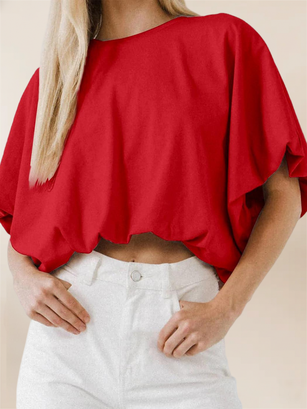 Imily Bela Womens Summer Crewneck Crop Tops Short Sleeve Casual Loose Cropped T Shirts