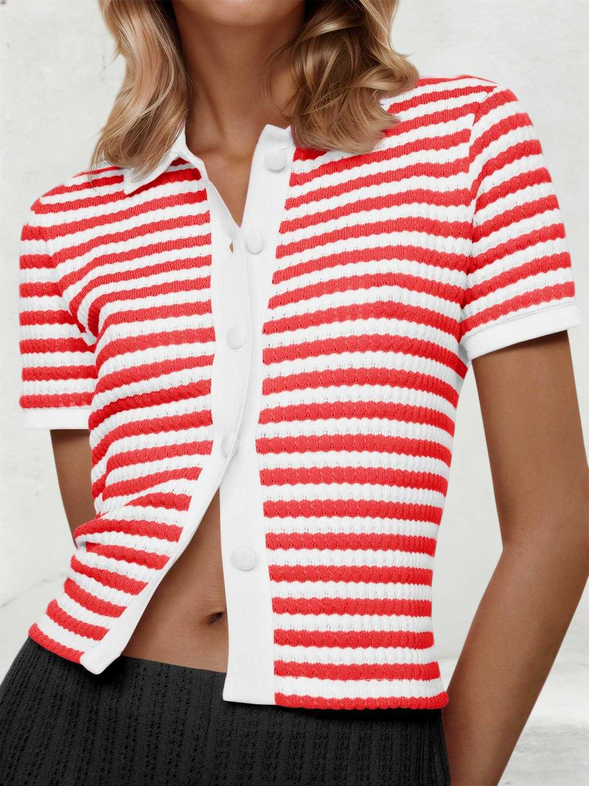 Imily Bela Womens Striped Short Sleeve Sweater Tops Polo Collared Button Crochet Summer Cropped Cardigan