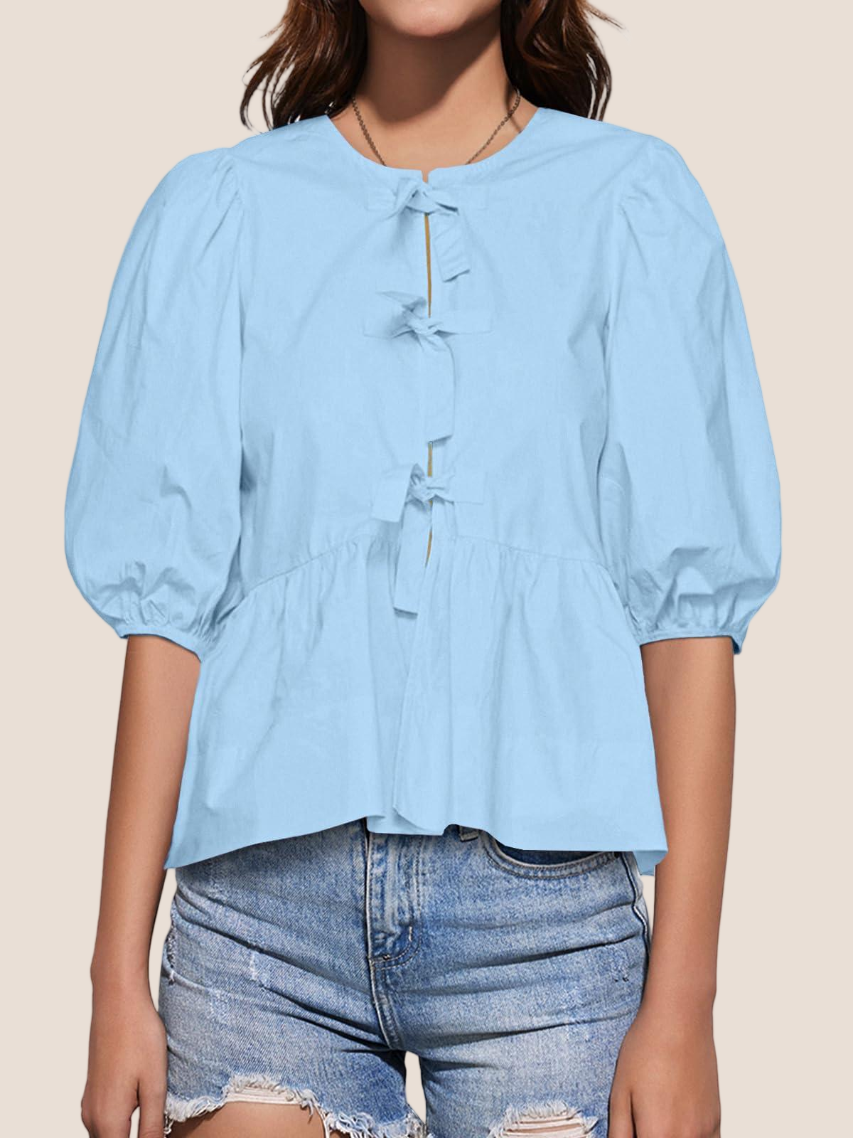 Imily Bela Womens Tie Front Tops Summer Peplum Babydoll Puff Short Sleeve Blouse Cute Cotton Shirts