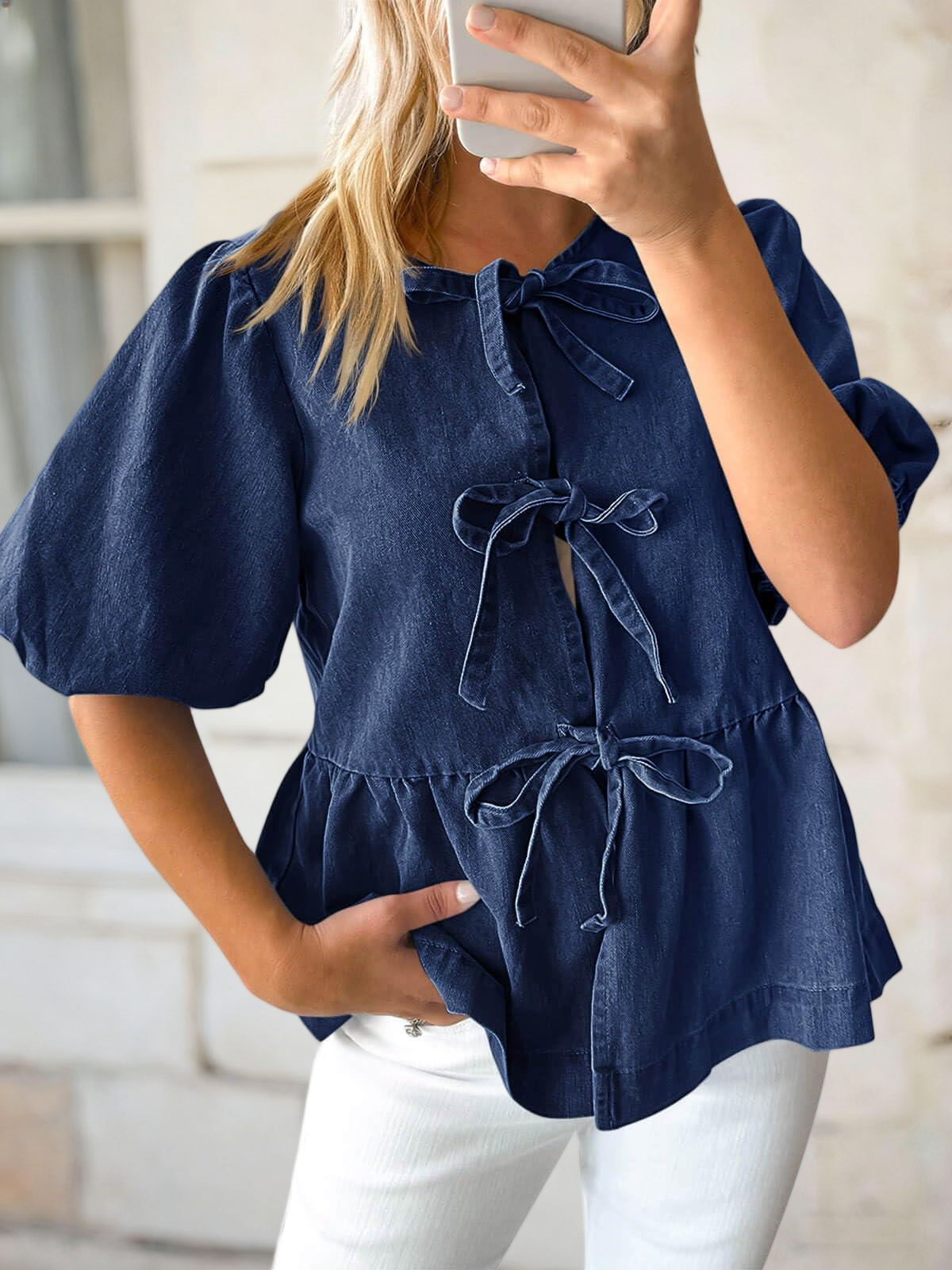 Imily Bela Womens Denim Tie Front Tops Babydoll Peplum Puff Sleeve Jean Shirts Crew Neck Summer Casual Bow Blouses