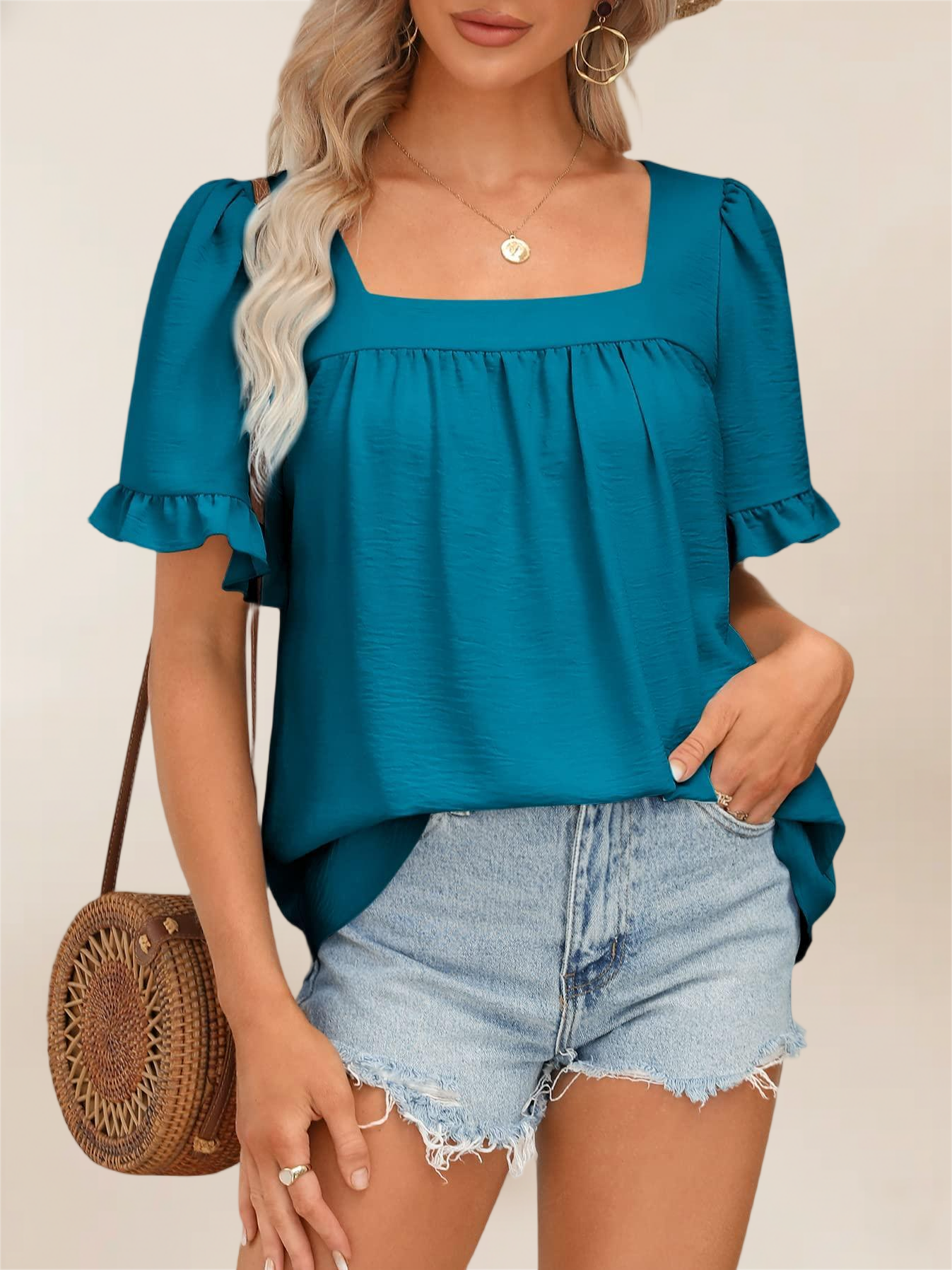 Imily Bela Womens Summer Peplum Tops Sqaure Neck Ruffle Sleeve Blouses Fit Flowy Shirts S-2Xl