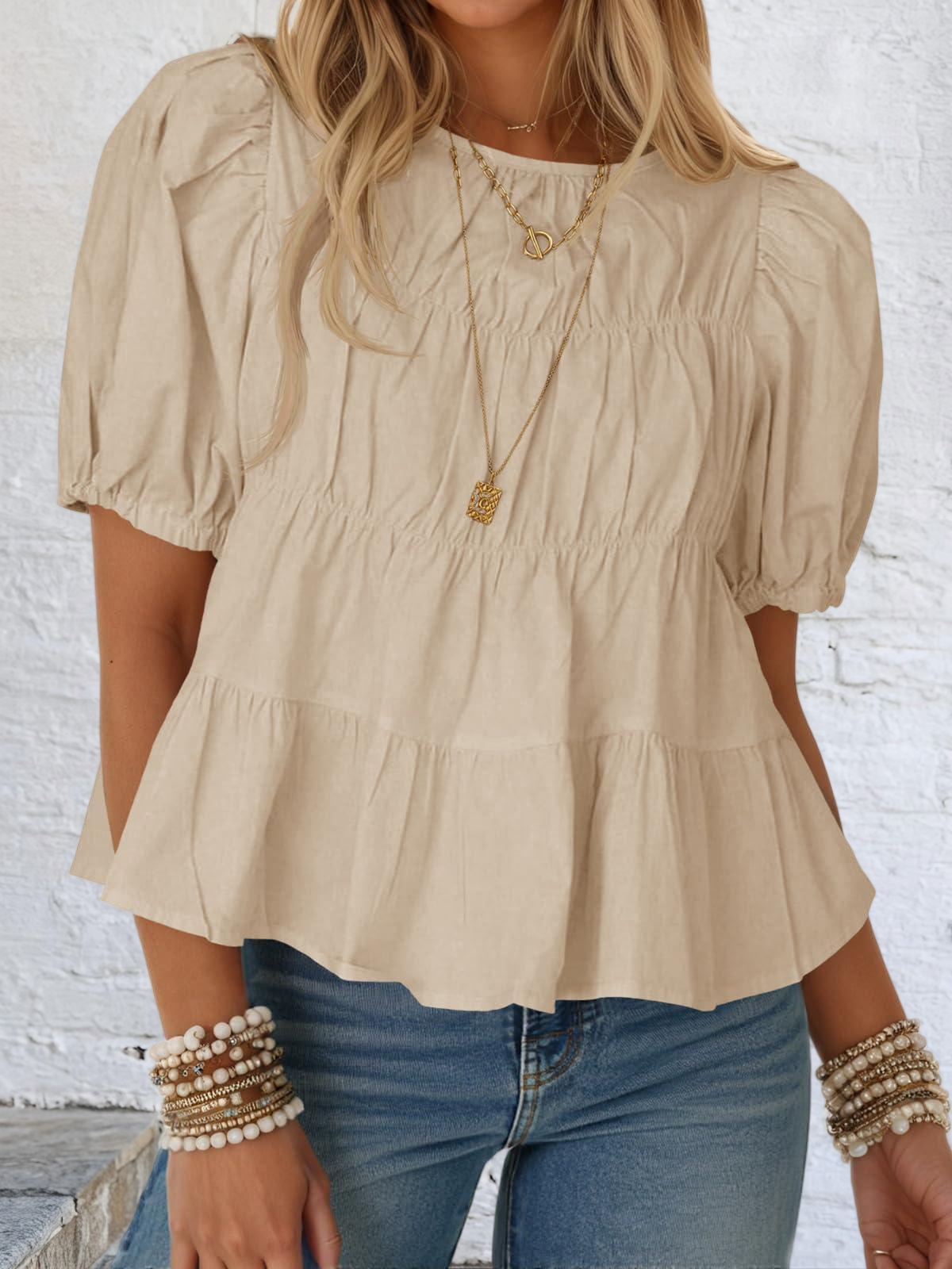 Imily Bela Womens Puff Sleeve Peplum Babydoll Tops Summer Flowy Pleated Cotton T-Shirts Casual Loose Fit Cute Blouse