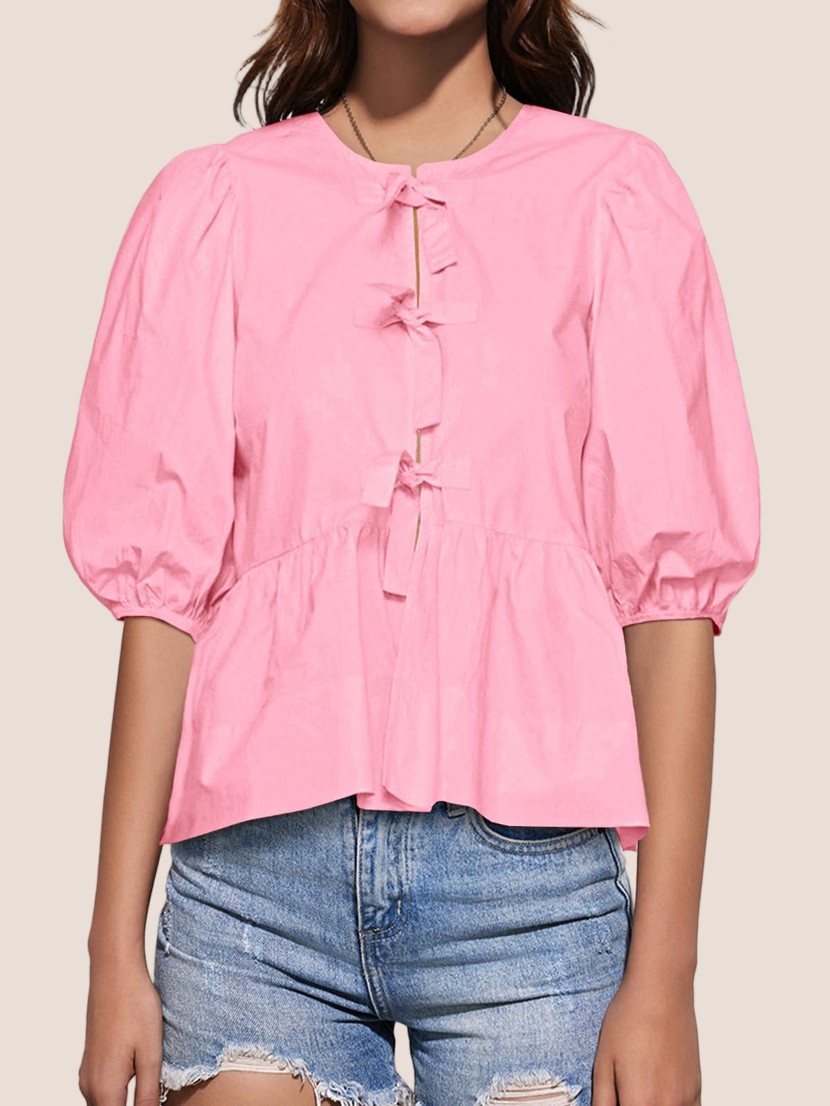 Imily Bela Womens Tie Front Tops Summer Peplum Babydoll Puff Short Sleeve Blouse Cute Cotton Shirts