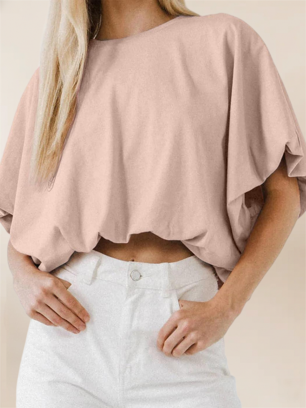 Imily Bela Womens Summer Crewneck Crop Tops Short Sleeve Casual Loose Cropped T Shirts