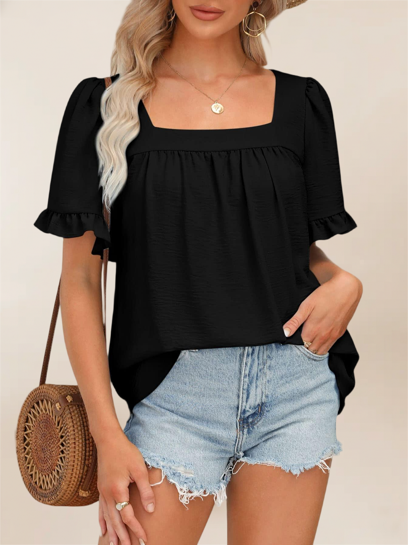 Imily Bela Womens Summer Peplum Tops Sqaure Neck Ruffle Sleeve Blouses Fit Flowy Shirts S-2Xl