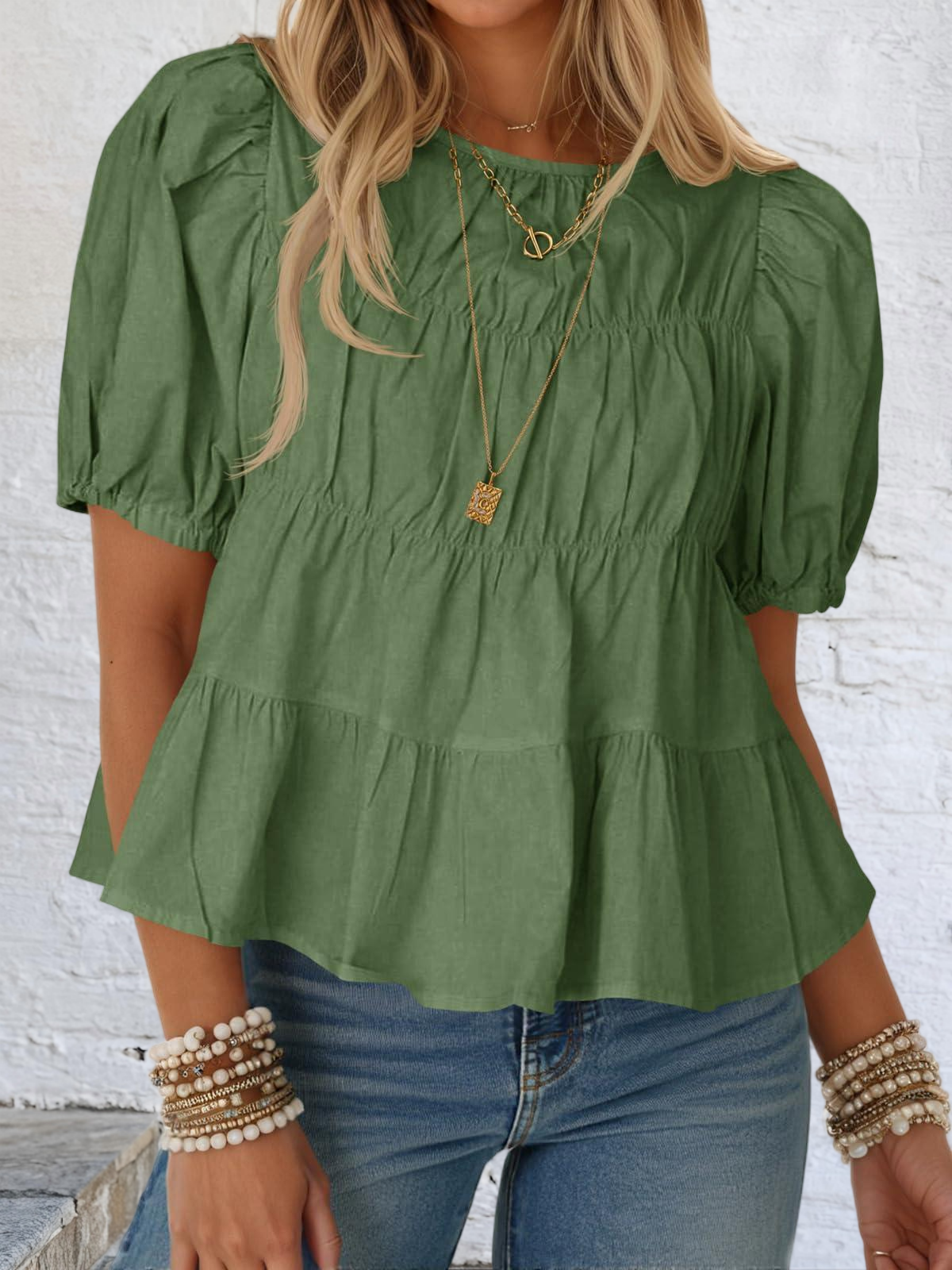 Imily Bela Womens Puff Sleeve Peplum Babydoll Tops Summer Flowy Pleated Cotton T-Shirts Casual Loose Fit Cute Blouse
