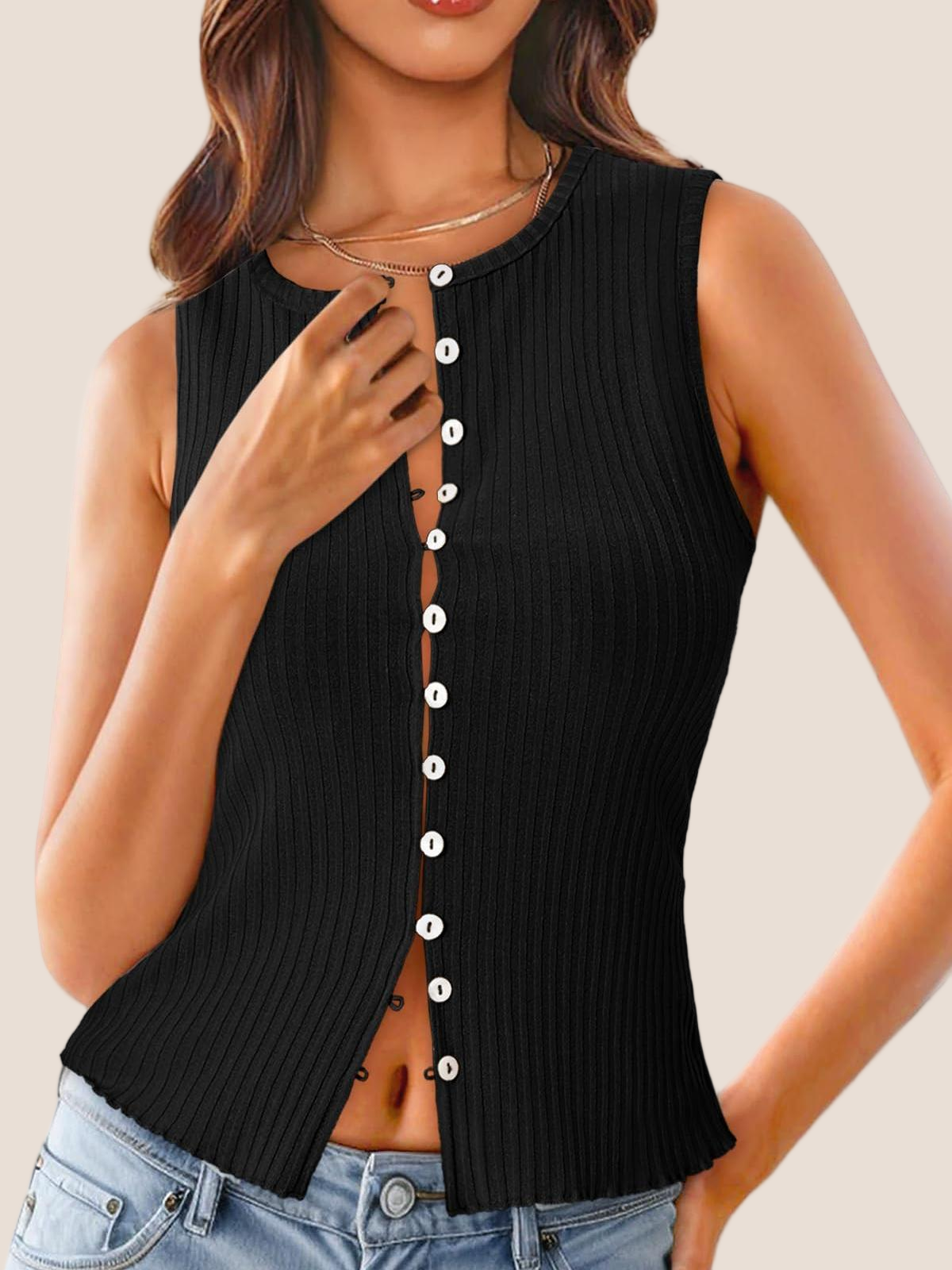 Imily Bela Womens Going Out Tops Summer Cute Ribbed Tank Crop Button Up Vest Top Y2K Sexy Outfits