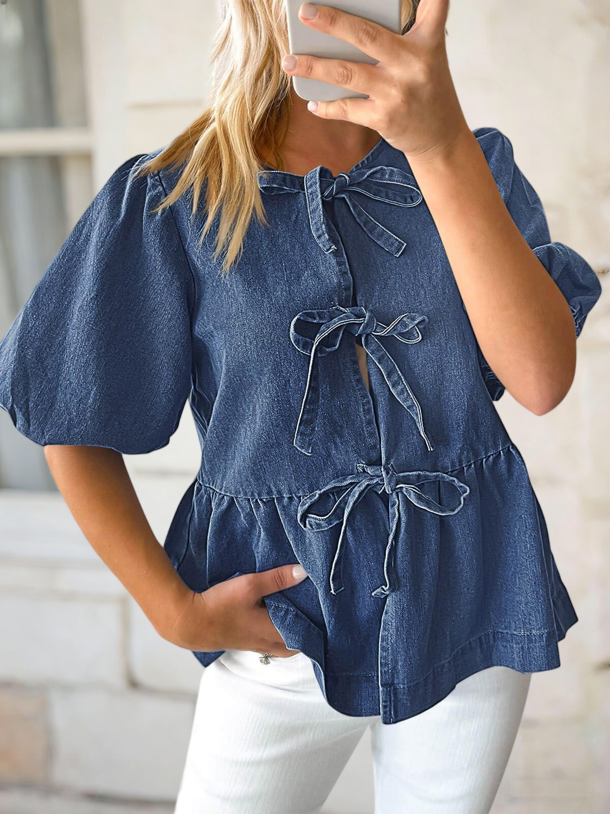 Imily Bela Womens Denim Tie Front Tops Babydoll Peplum Puff Sleeve Jean Shirts Crew Neck Summer Casual Bow Blouses