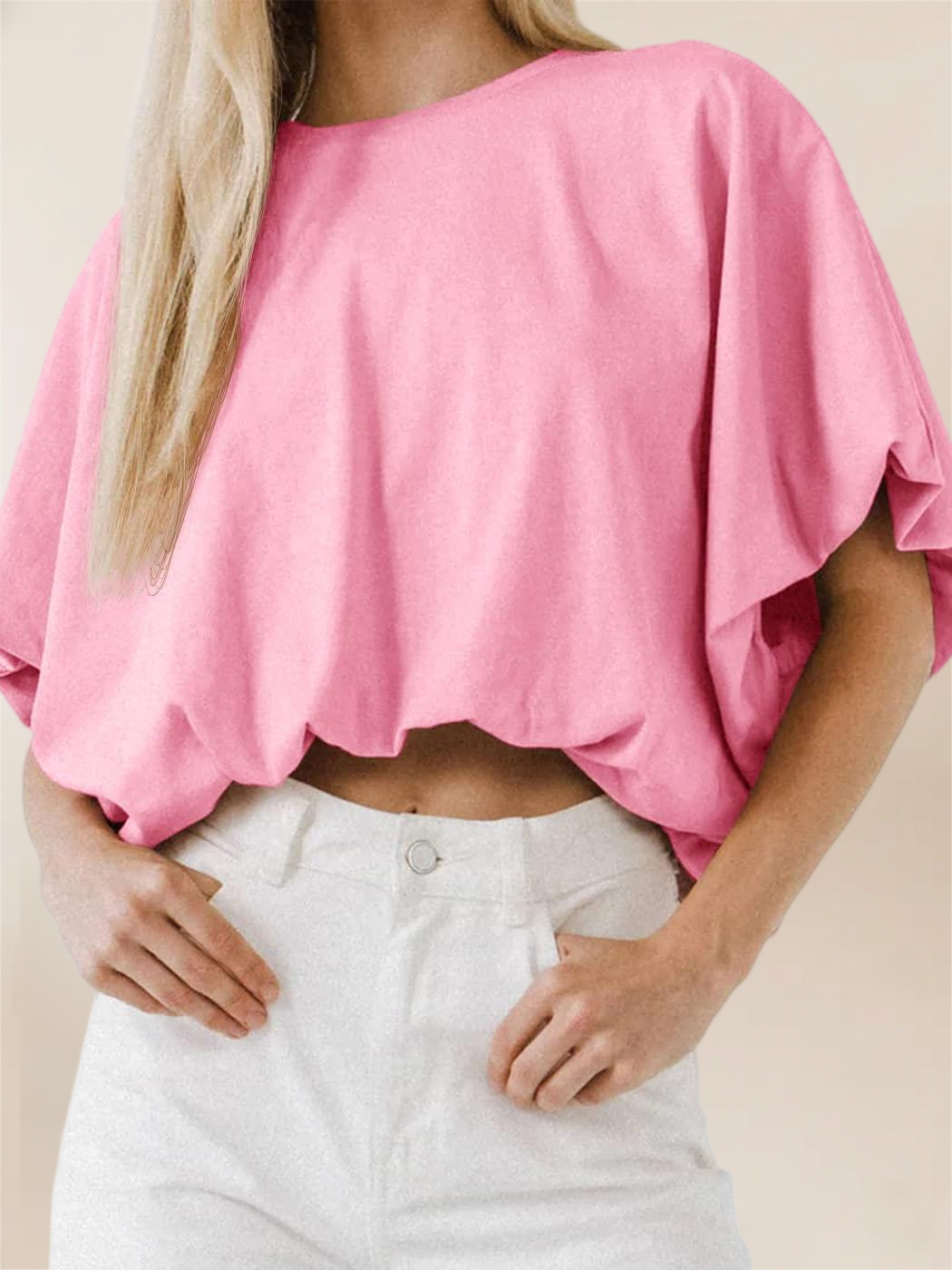 Imily Bela Womens Summer Crewneck Crop Tops Short Sleeve Casual Loose Cropped T Shirts