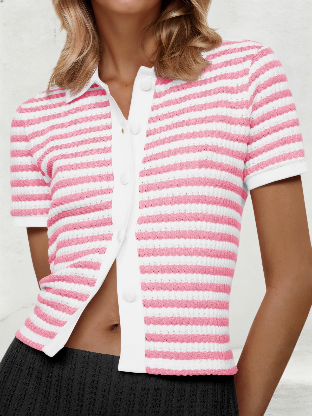 Imily Bela Womens Striped Short Sleeve Sweater Tops Polo Collared Button Crochet Summer Cropped Cardigan