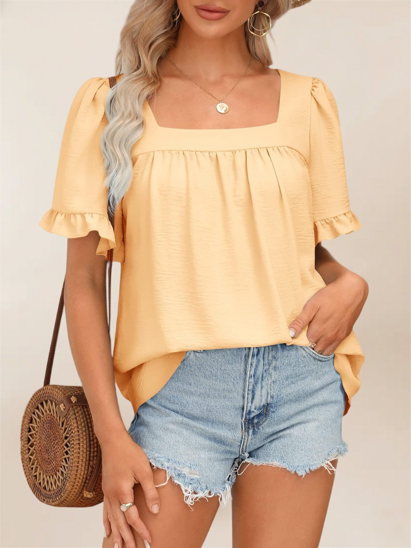 Imily Bela Womens Summer Peplum Tops Sqaure Neck Ruffle Sleeve Blouses Fit Flowy Shirts S-2Xl