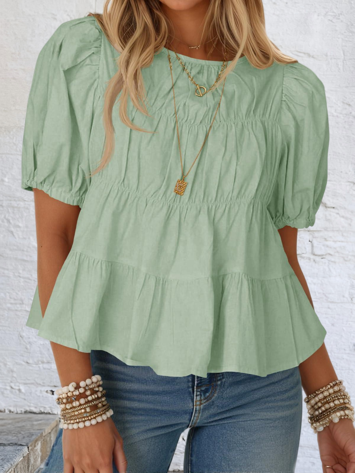 Imily Bela Womens Puff Sleeve Peplum Babydoll Tops Summer Flowy Pleated Cotton T-Shirts Casual Loose Fit Cute Blouse