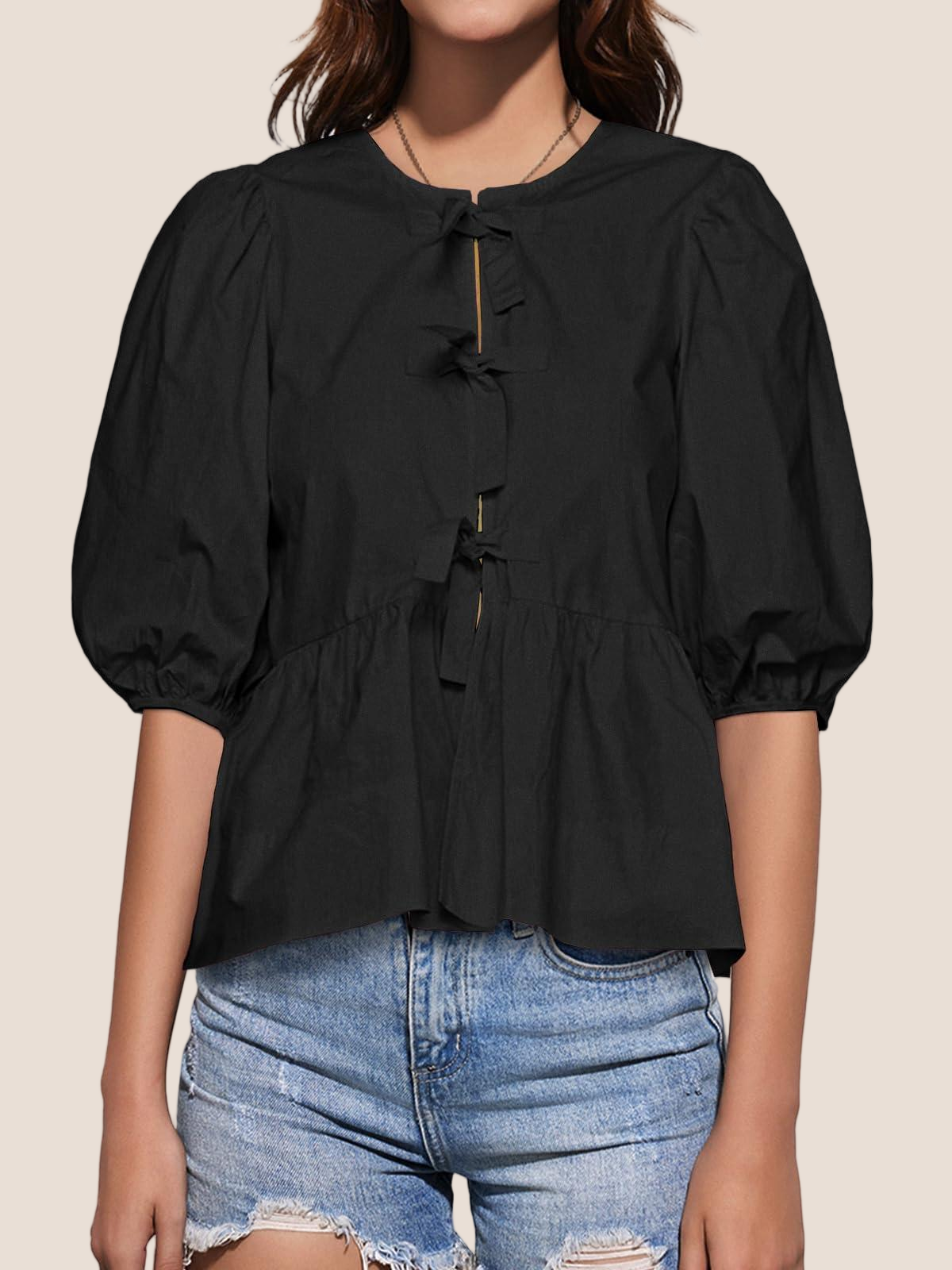 Imily Bela Womens Tie Front Tops Summer Peplum Babydoll Puff Short Sleeve Blouse Cute Cotton Shirts