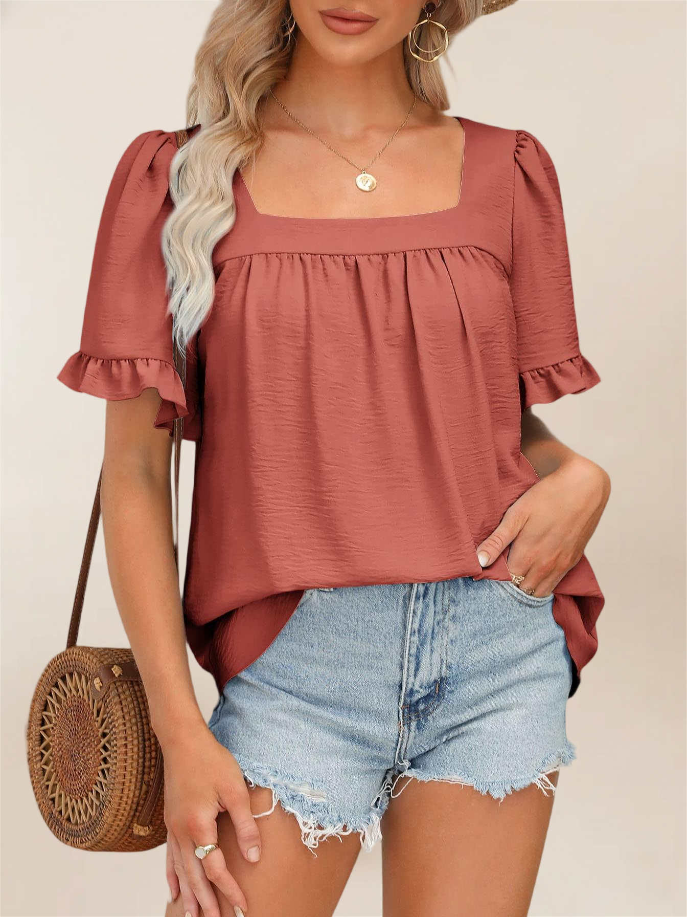 Imily Bela Womens Summer Peplum Tops Sqaure Neck Ruffle Sleeve Blouses Fit Flowy Shirts S-2Xl